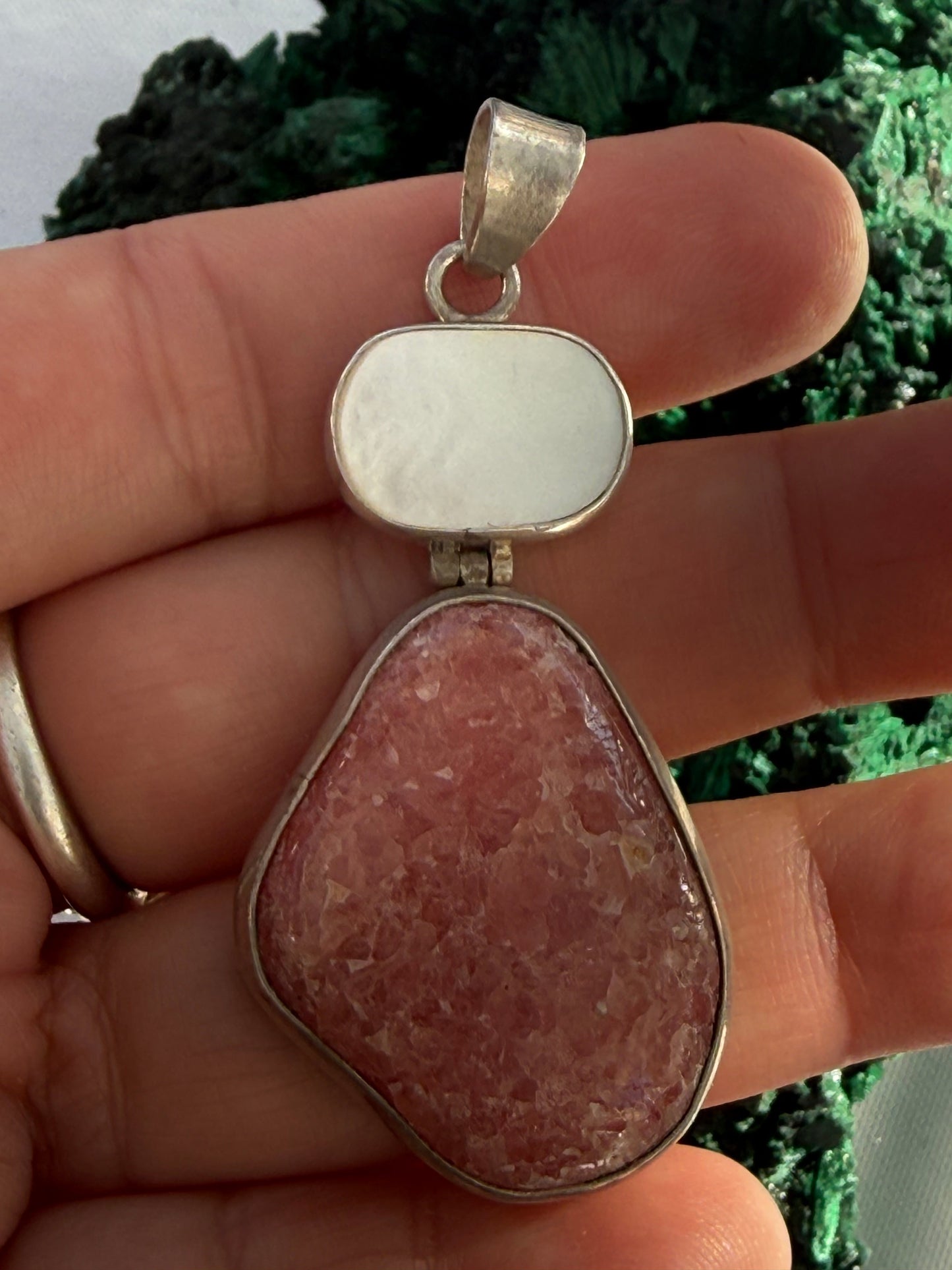 Rhodochrosite & Mother of Pearl Silver Pendant 44mmx25mm Crystal Wellness