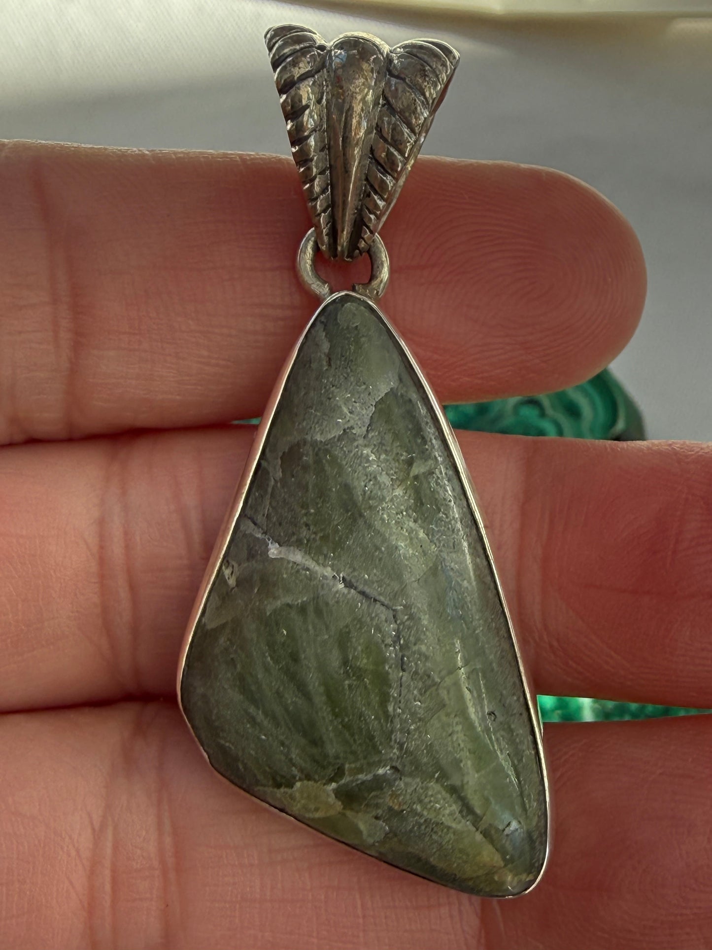 Verdant Light Peridot Silver Pendant 35mmx19mm Crystal Wellness
