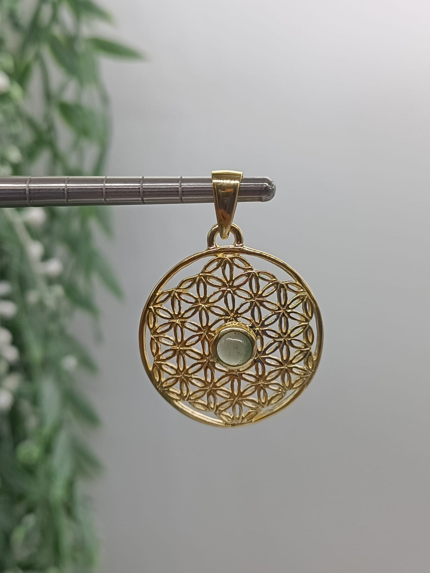 Moldavite Cab Polished Flower Of Life 18ct Gold Vermeil Pendant Crystal Wellness