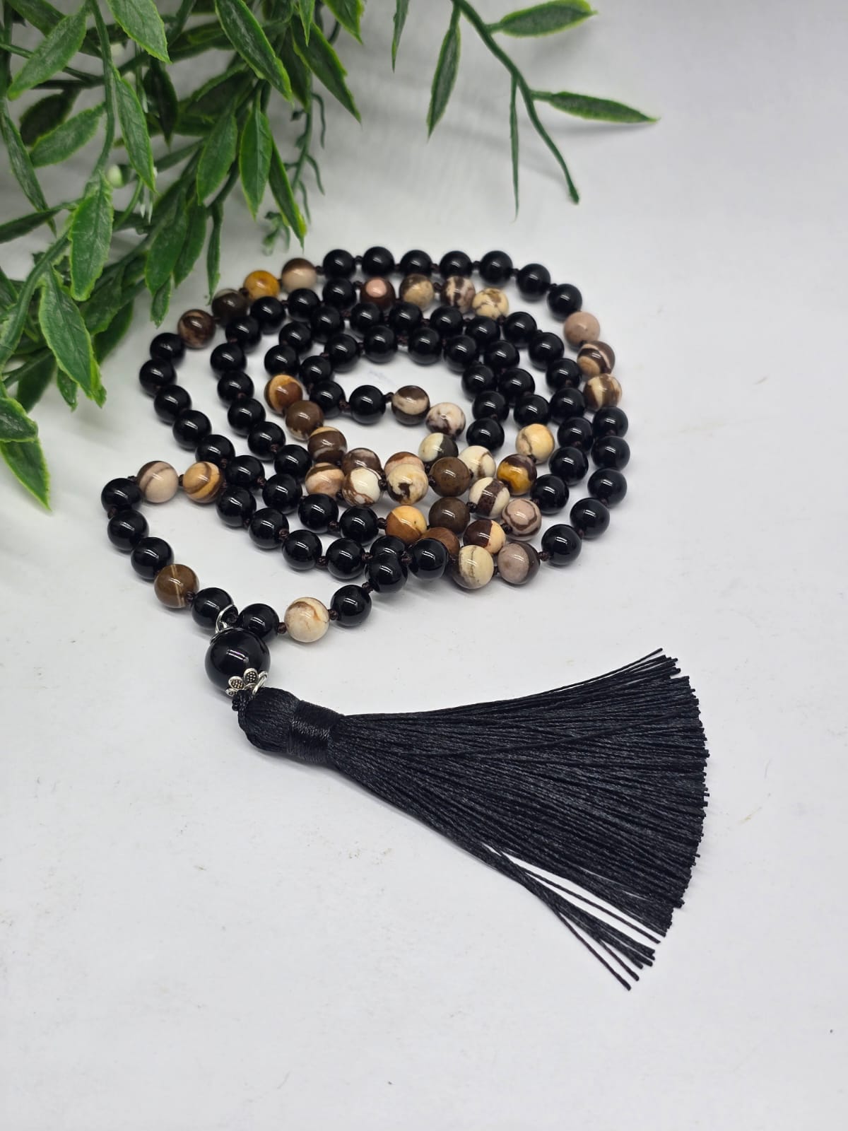 Black Obsidian & Zebra Jasper 108 Mala Beads Crystal Wellness