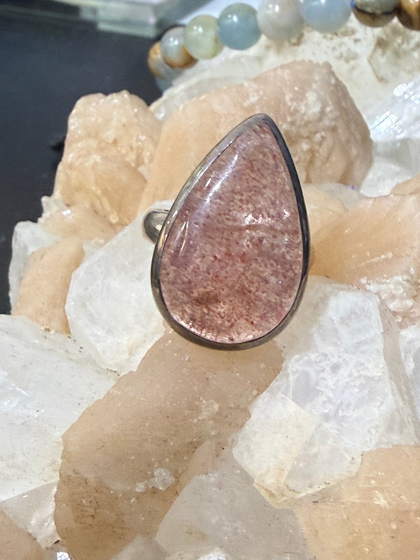 Strawberry Quartz Teardrop Ring – 925 Sterling Silver (Size 7 & 6) Crystal Wellness