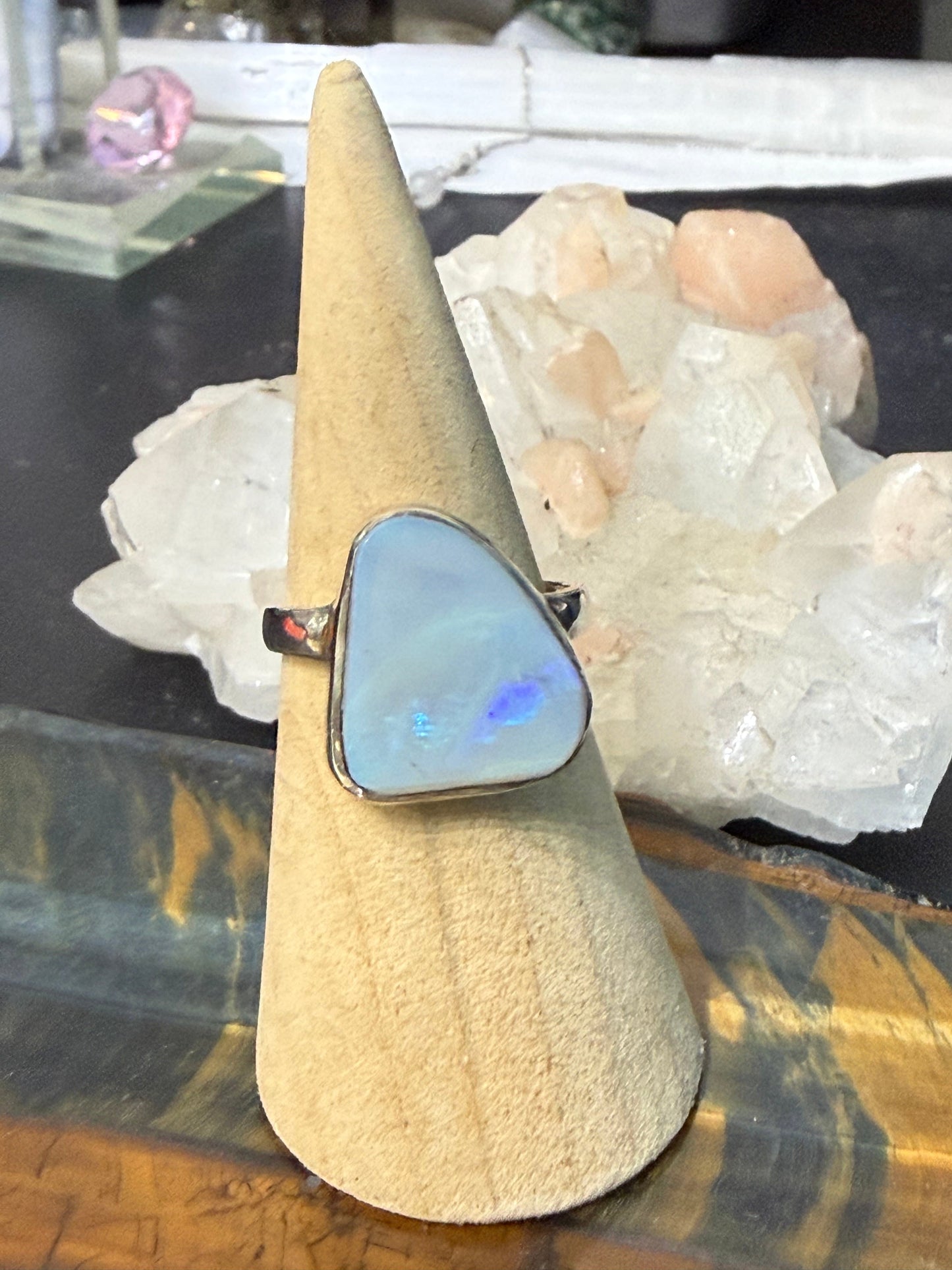 🌈 Solid Australian Opal Ring — “Keeper of Light”, size 8 Crystal Wellness