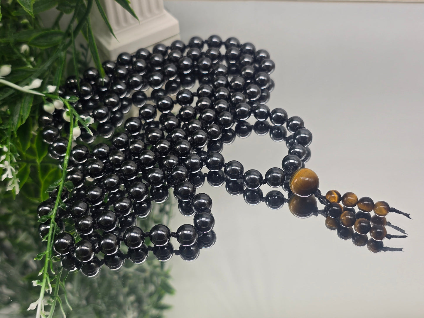 Hematite Mala Beads 108 Necklace 8mm with Tiger’s Eye Guru Bead – Grounding, Protection & Confidence Crystal Wellness