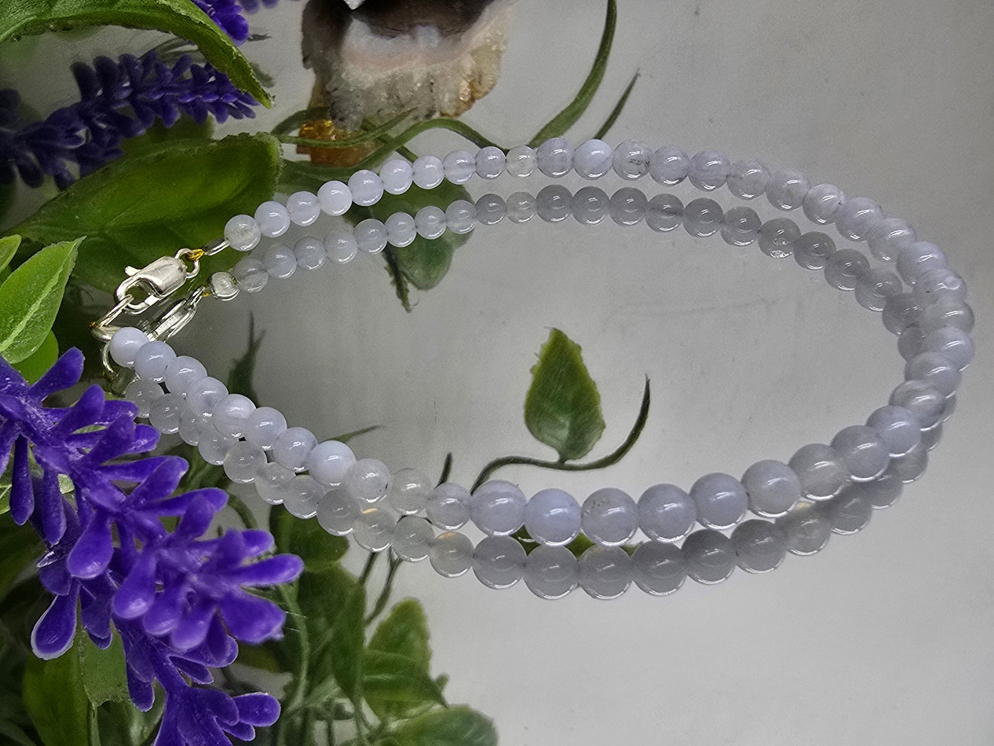 Blue Lace Agate 3mm Sterling Silver Bracelet – Calming, Healing & Communication Jewelry Crystal Wellness