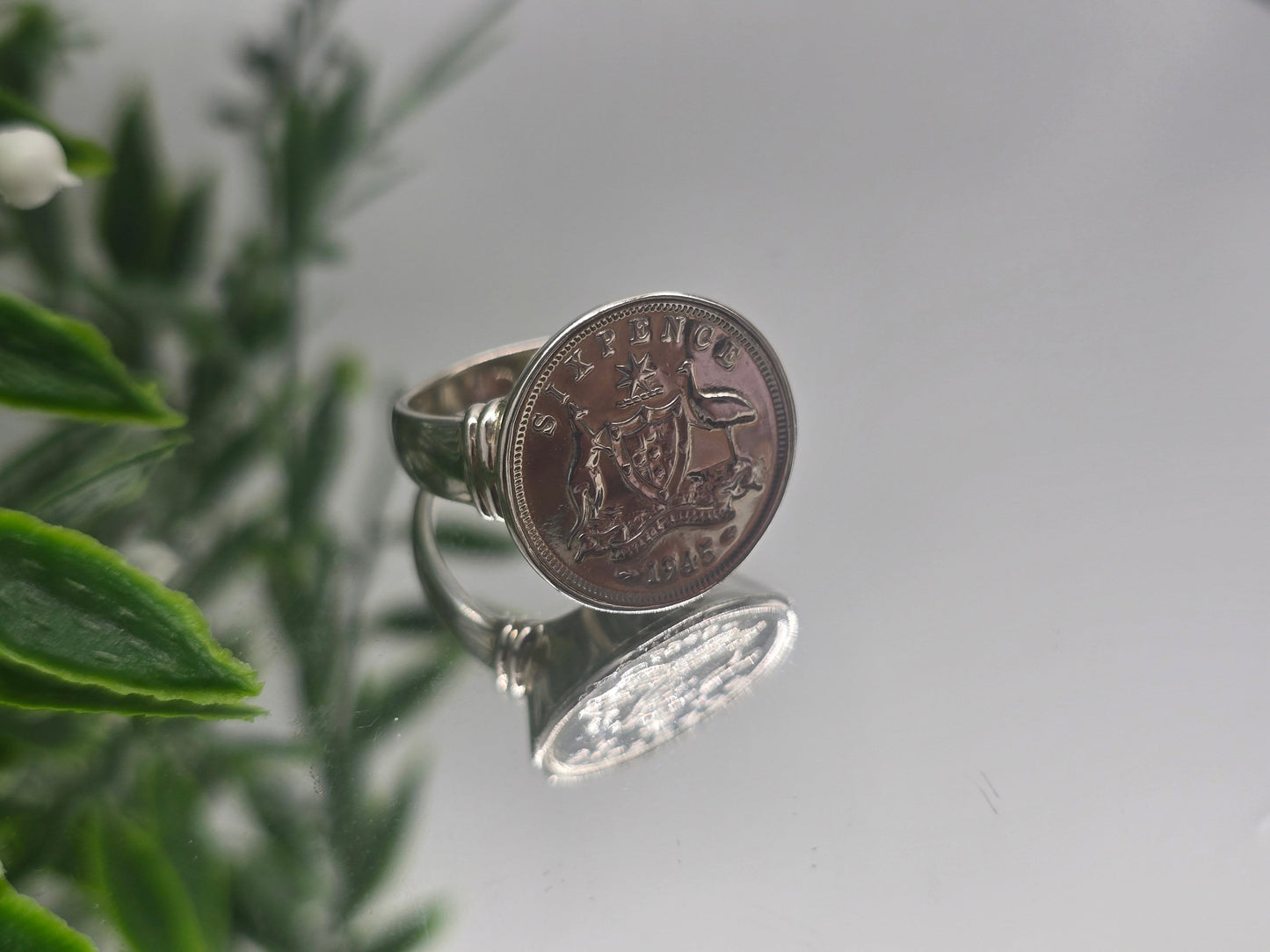 Australian Six Pence 1945 Silver Ring – Size 8.5 Crystal Wellness