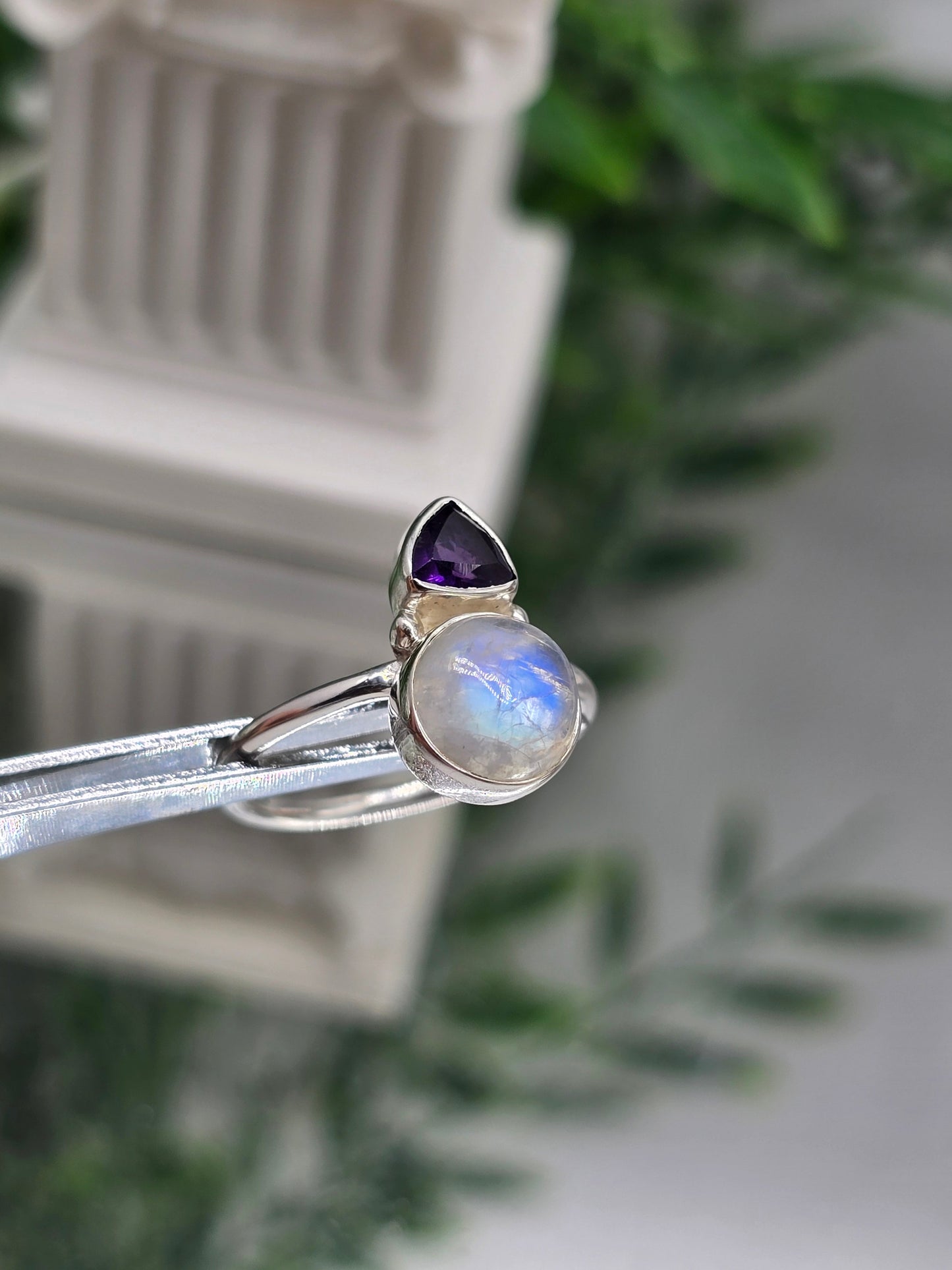 Amethyst & Moonstone 925 Sterling Silver Ring – Stone Of Intuition, Calm & Inner Balance Crystal Wellness