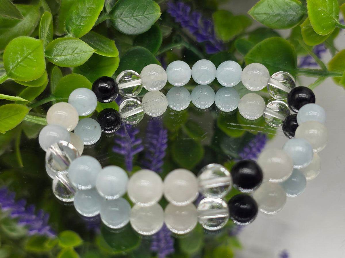 Aquamarine, Black Tourmaline, Clear Quartz & Moonstone Bracelet – 8mm | Calm, Protection, Clarity and yintuitive Energy Crystal Wellness