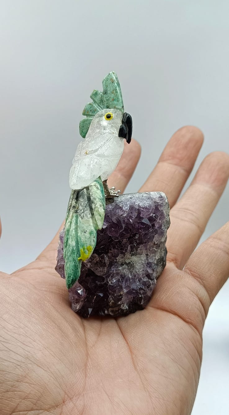 Cockatoo Birds on Amethyst and Quartz Crystal Wellness