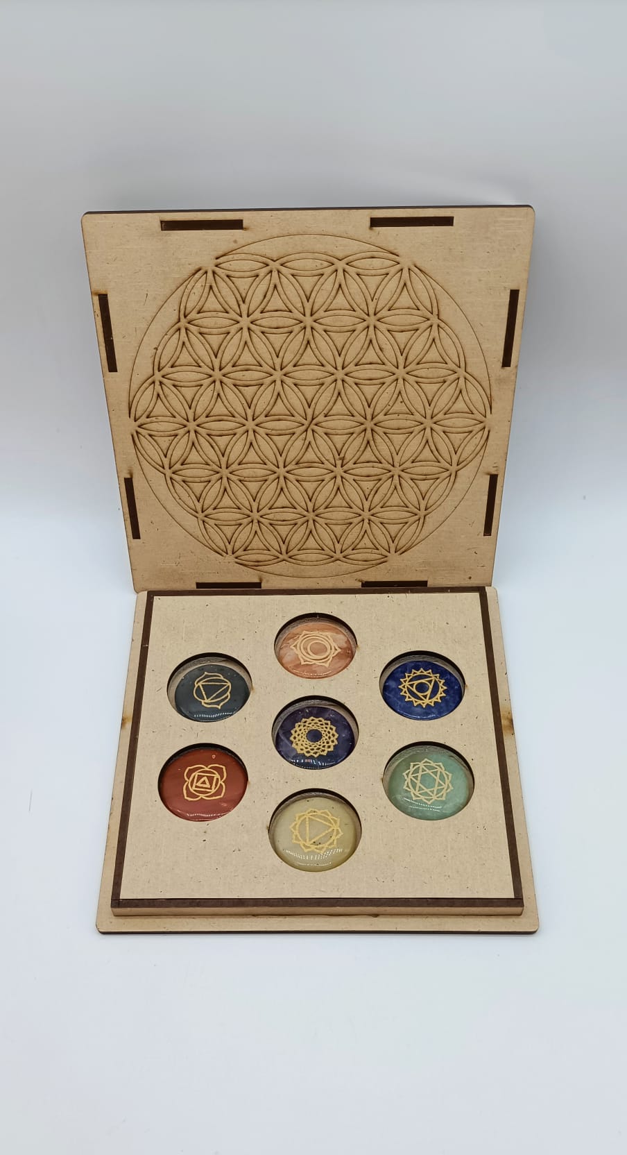 7 Chakra Crystal Set in Wooden Flower of Life Grid