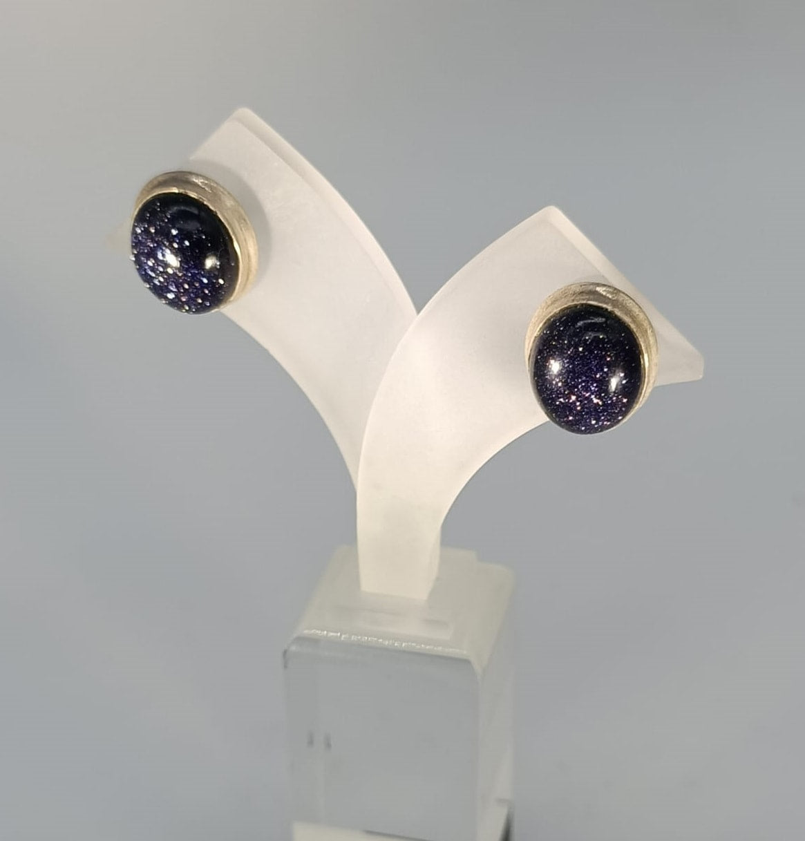 Blue Goldstone 10mm Oval 925 Sterling Silver Stud