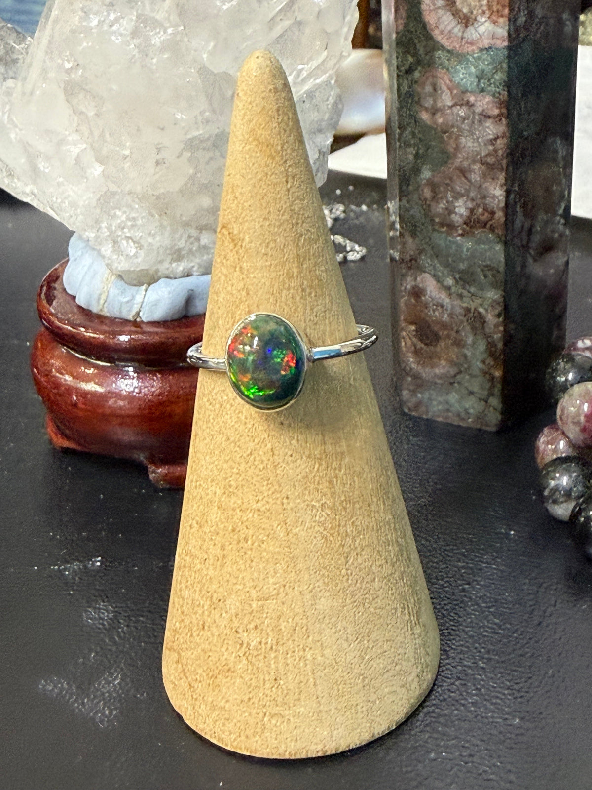 CHALAMA BLACK OPAL RING
“Stone of Mystery, Intuition & Transformation”, size 6.5 Crystal Wellness