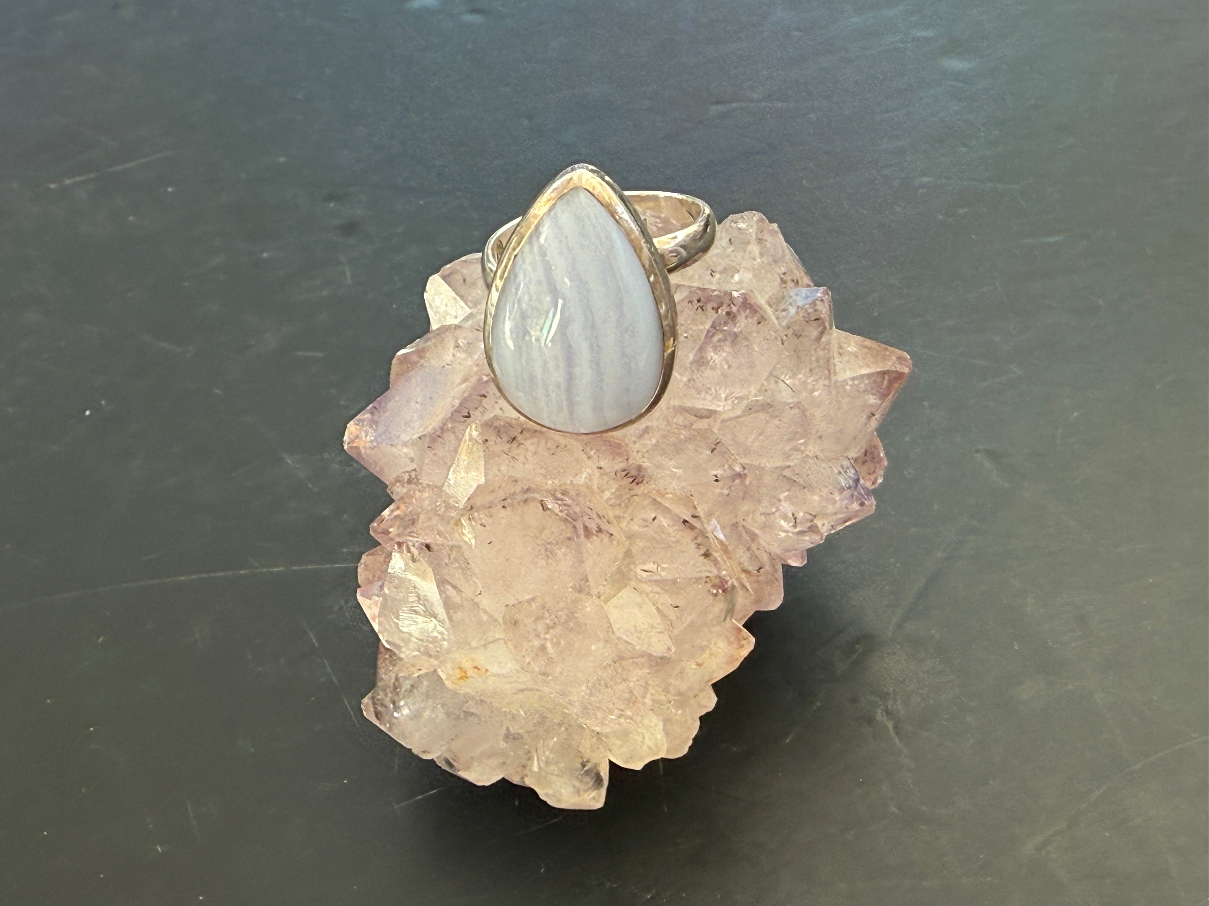 Blue Chalcedony Ring, size 8 adjustable – Serenity, Gentle Wisdom & Heartfelt Communication Crystal Wellness