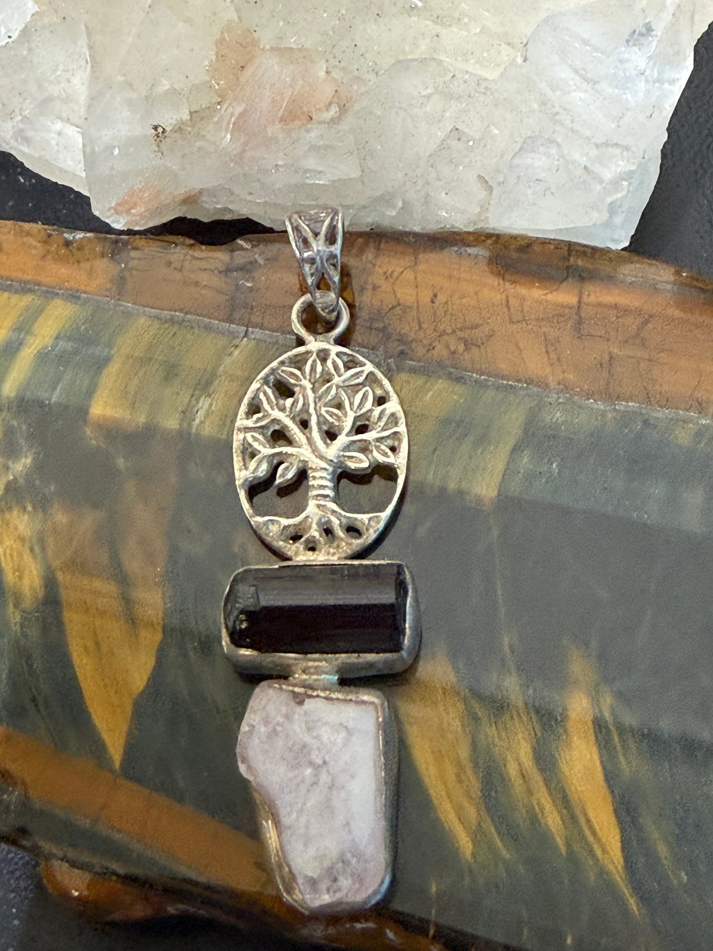 Morganite & Black Tourmaline Tree of Life Pendant, 48mmx15mm Crystal Wellness