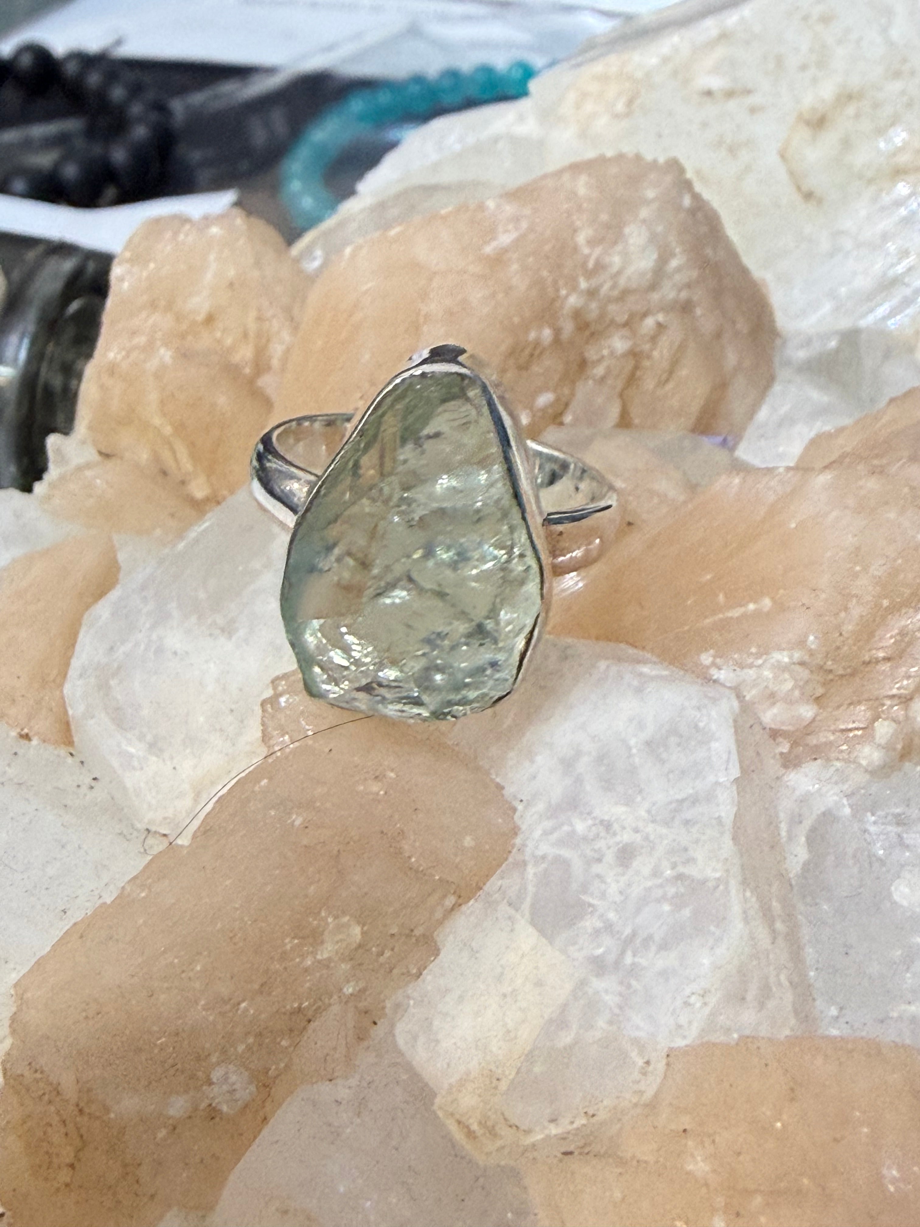 Raw Prasiolite Ring, size 7 – Stone of Heart Healing & Spiritual Clarity Crystal Wellness