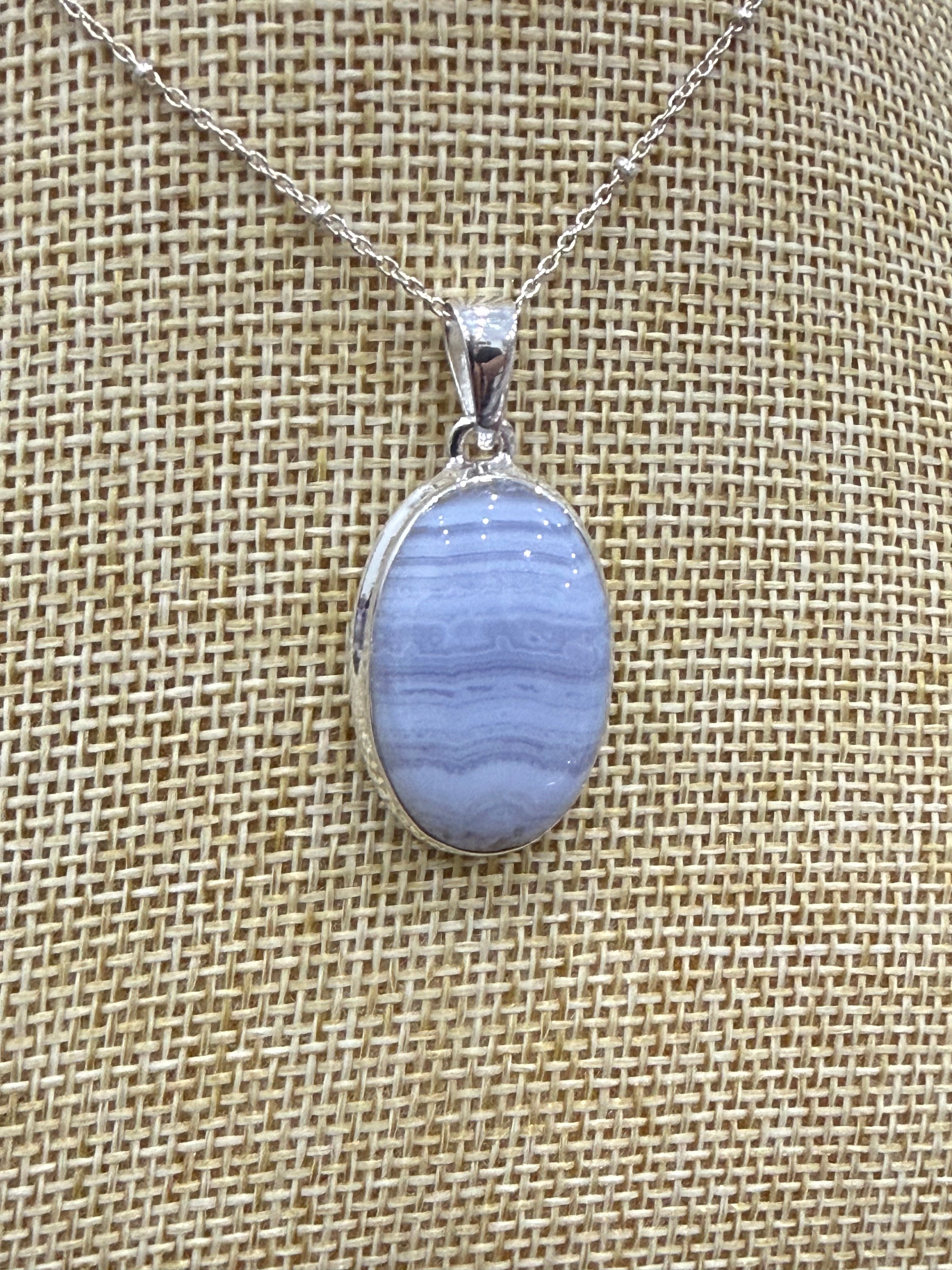 Blue Lace Agate Sterling Silver (92.5) Pendant Oval Shape– 27x19 mm Crystal Wellness