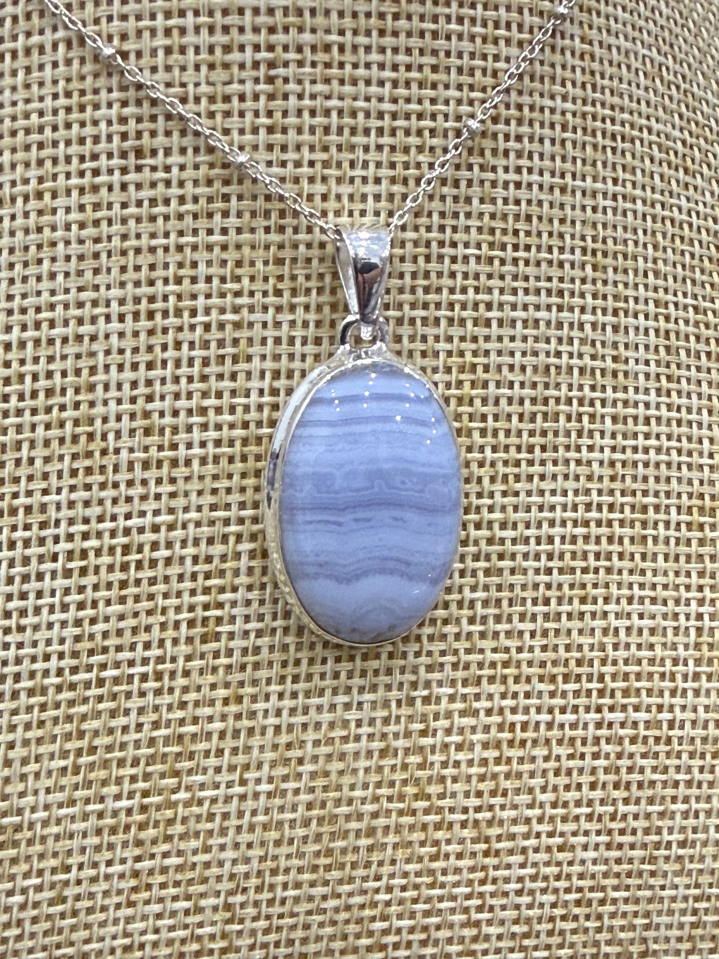Blue Lace Agate Sterling Silver (92.5) Pendant Oval Shape– 27x19 mm Crystal Wellness