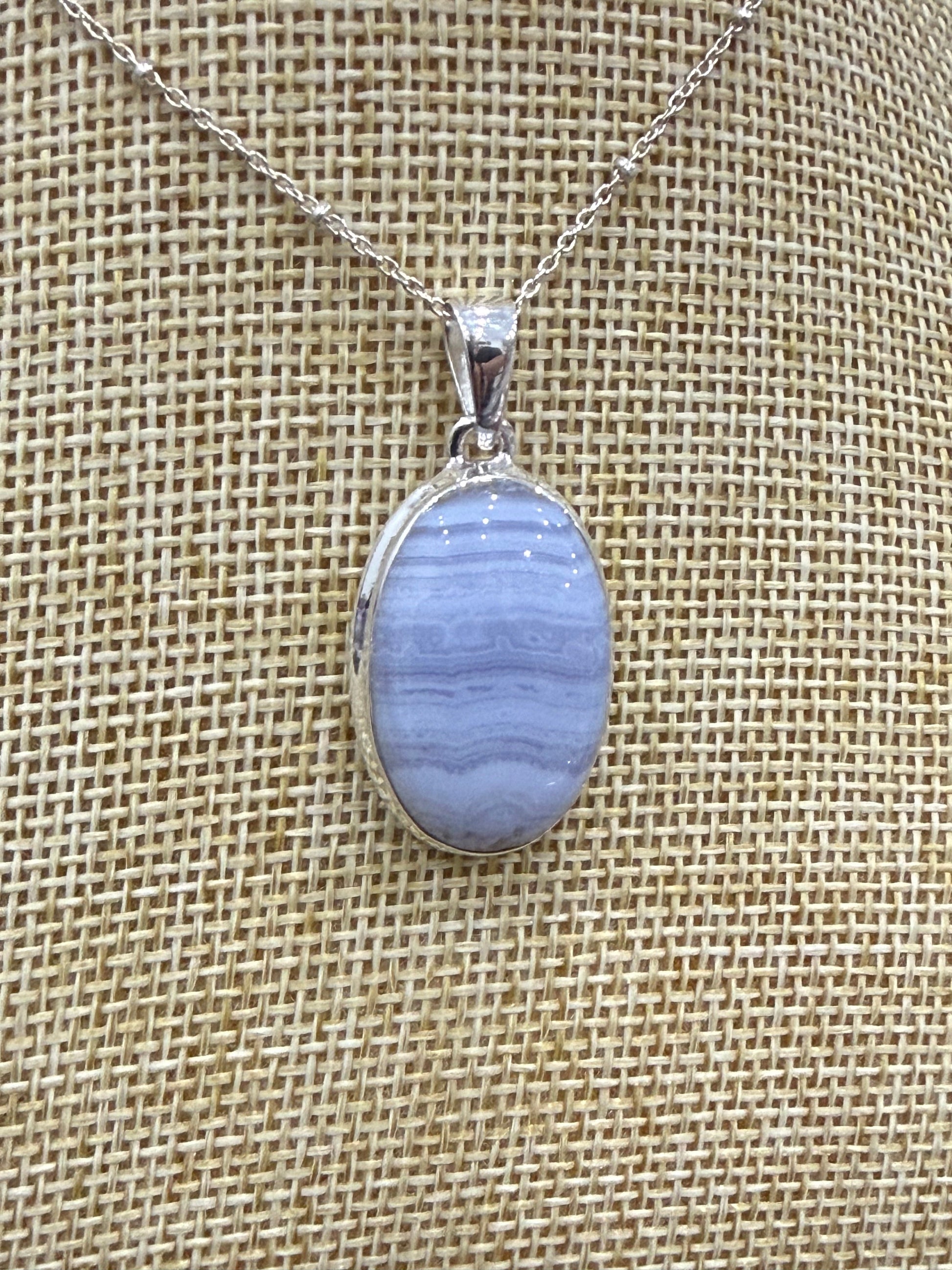 Blue Lace Agate Sterling Silver (92.5) Pendant Oval Shape– 27x19 mm Crystal Wellness