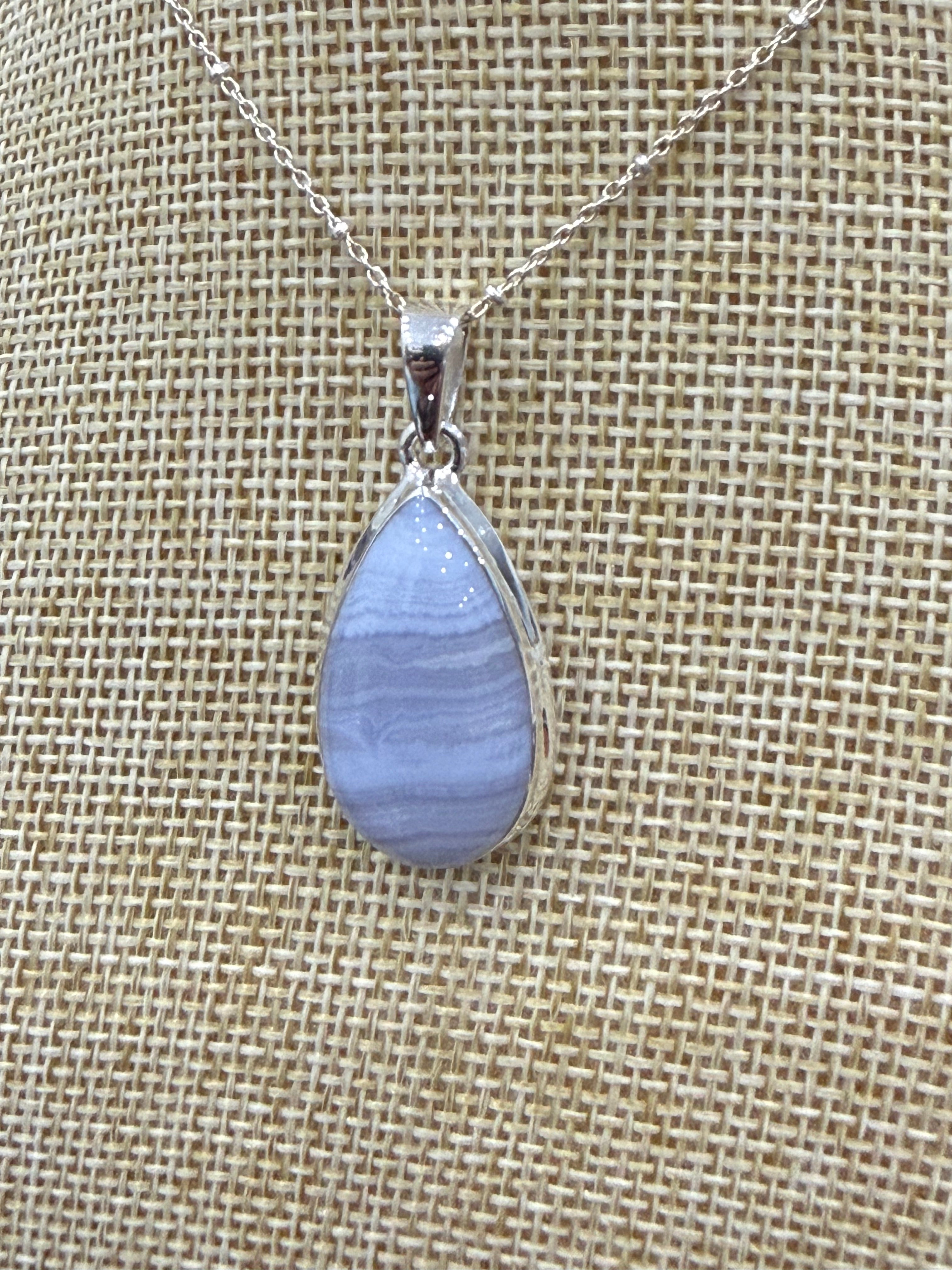 Blue Lace Agate Sterling Silver (92.5) Pendant Teardrop – 27x16 mm Crystal Wellness