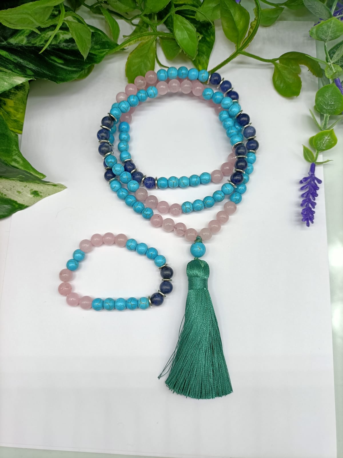 Rose Quartz and Blue Howlite Mala Beads 8mm with Bracelet Included Crystal Wellness