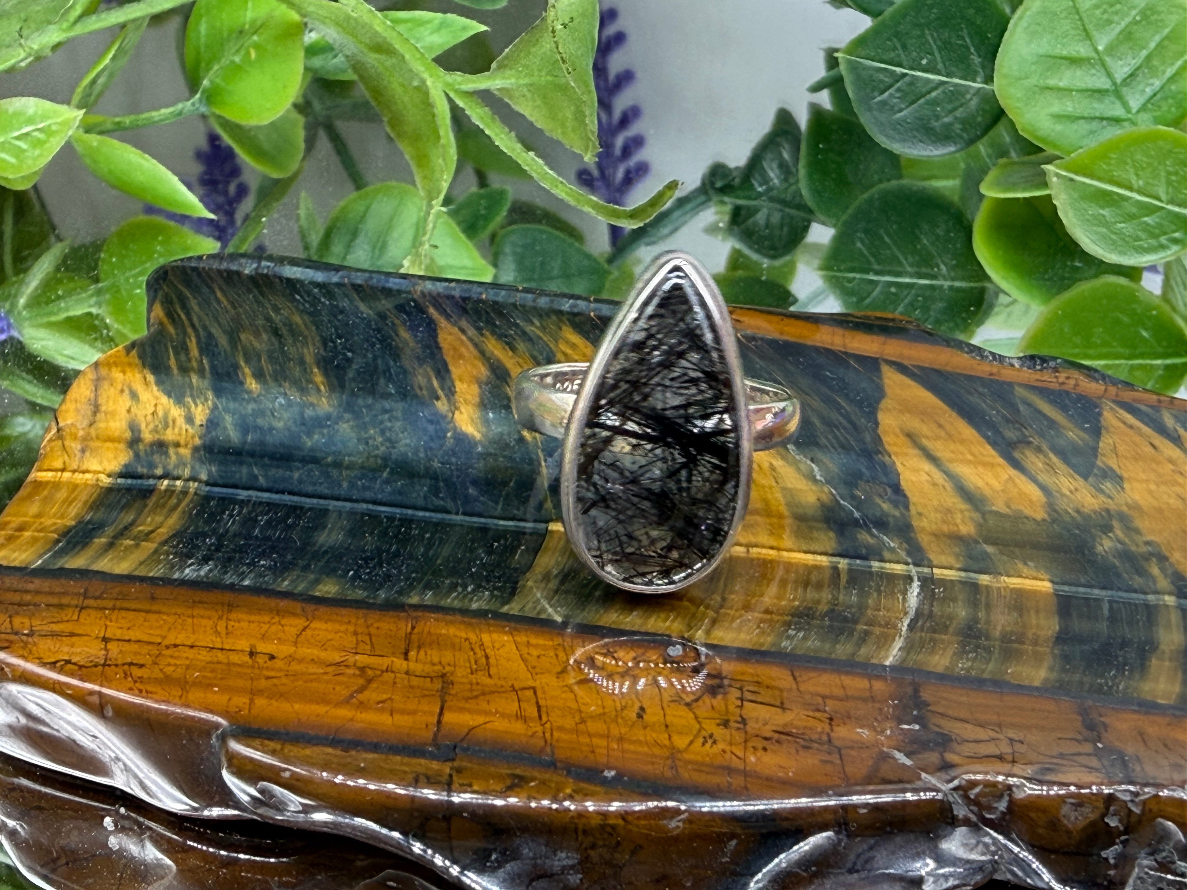 🖤 Black Rutilated Quartz Ring — Grounding, Protection & Inner Strength, size 8 Crystal Wellness
