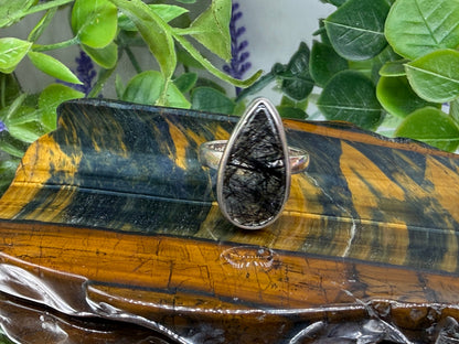 🖤 Black Rutilated Quartz Ring — Grounding, Protection & Inner Strength, size 8 Crystal Wellness