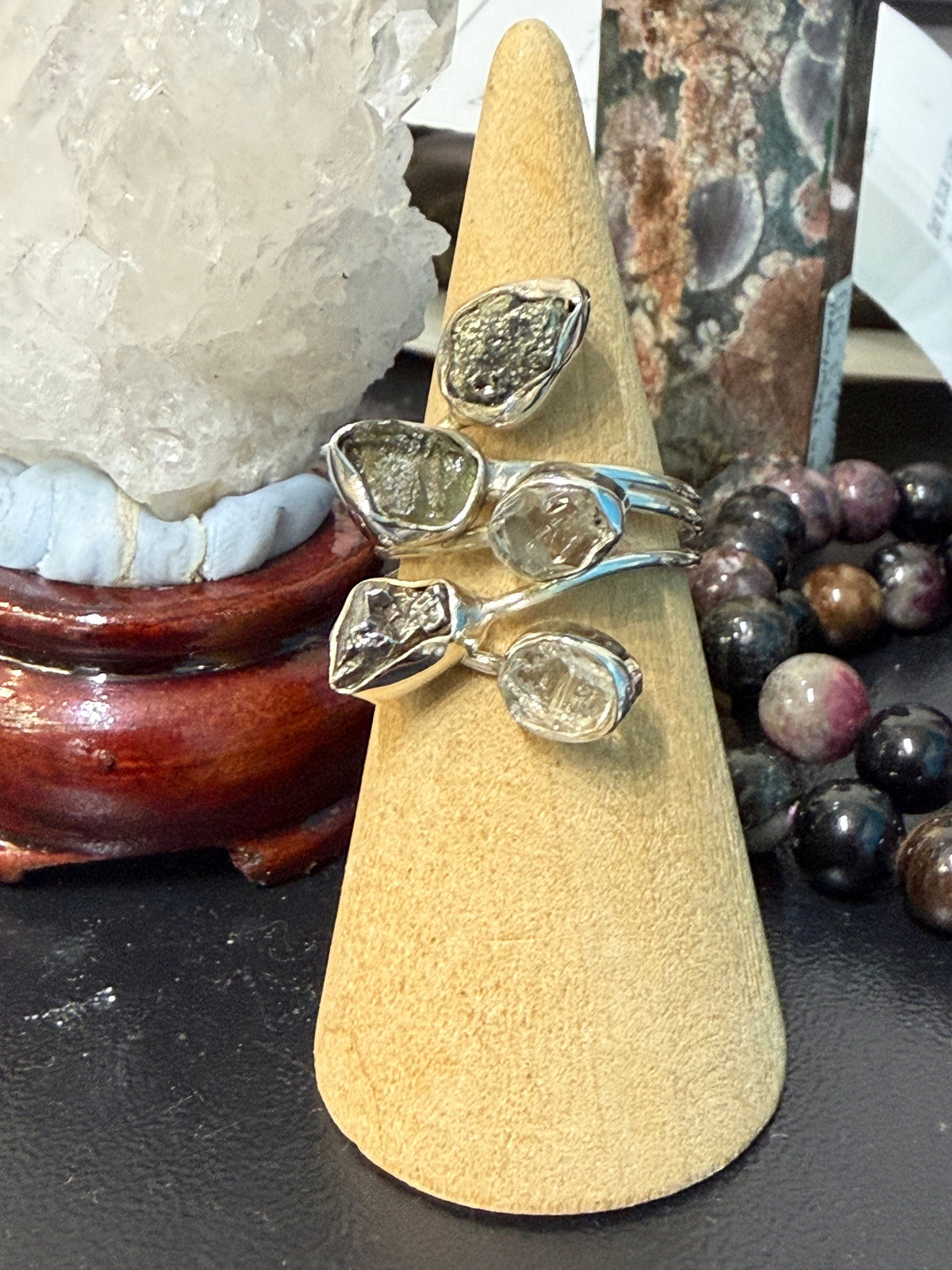 Moldavite, Herkimer Diamond, Mexican Pyrite Druzy & Meteorite Ring
Stone of Cosmic Transformation, Manifestation & Universal Connection, size 8 Crystal Wellness