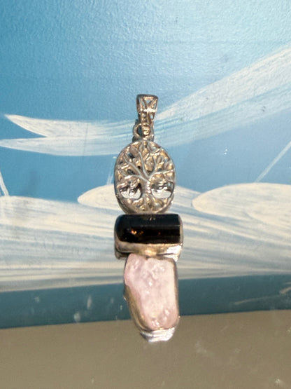 Morganite & Black Tourmaline Tree of Life Pendant, 48mmx15mm Crystal Wellness