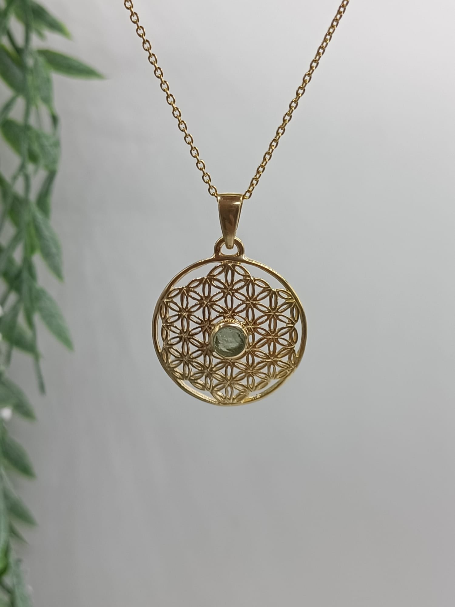 Authentic Moldavite Raw Flower Of Life 18ct Gold Vermeil Pendant Crystal Wellness