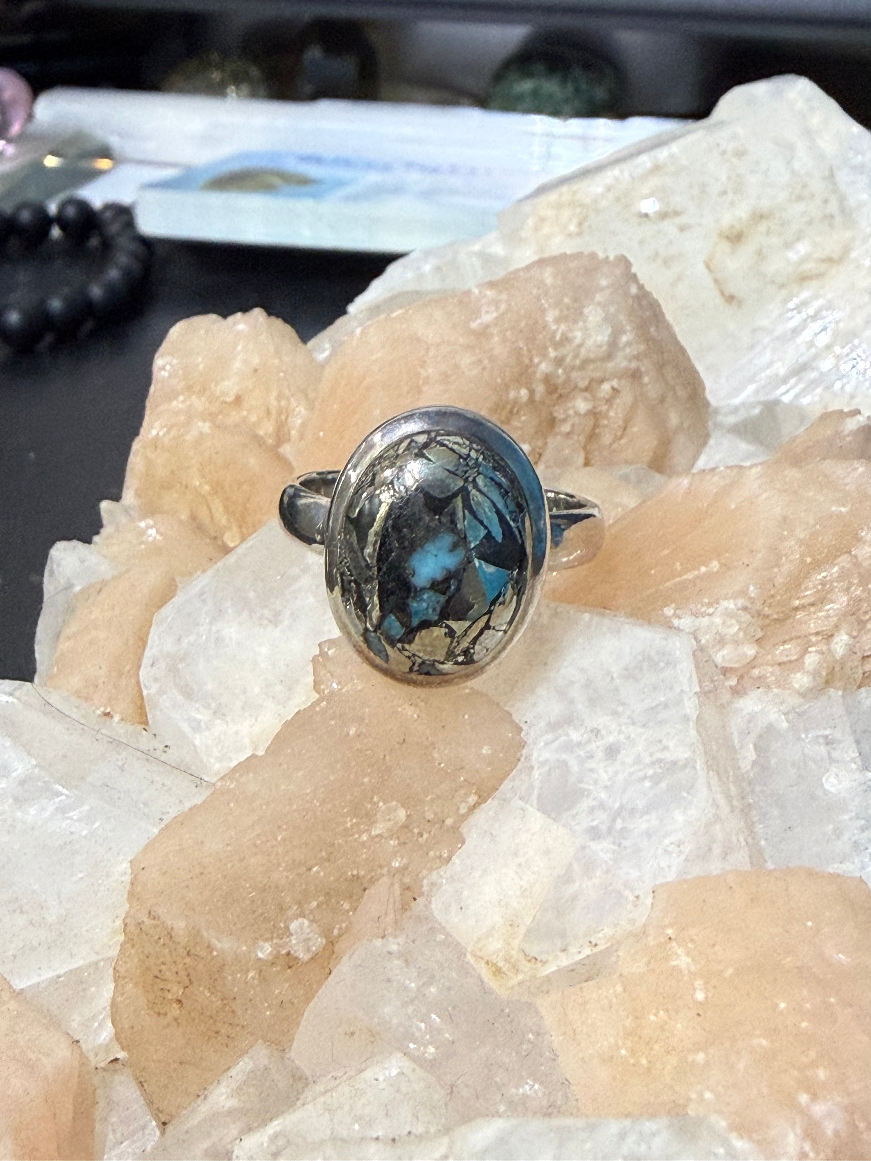 Iranian Turquoise with Pyrite Ring, size 8.5 – A Stone of Wisdom, Prosperity & Divine Protection Crystal Wellness