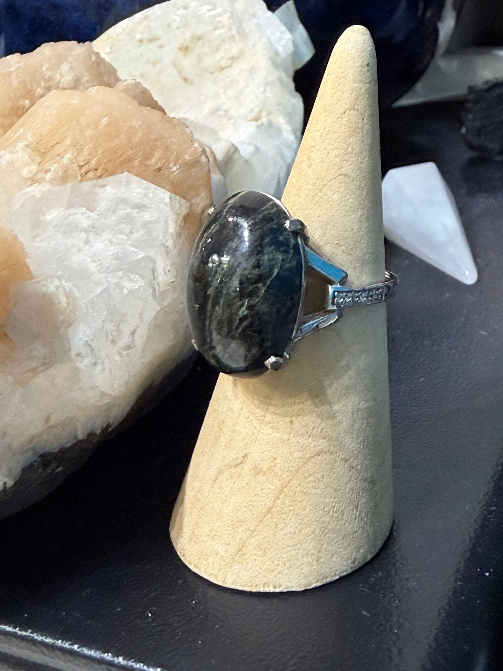 Arfvedsonite with Zircon Ring– Stone of Inner Vision & Transformation, size 7 Crystal Wellness