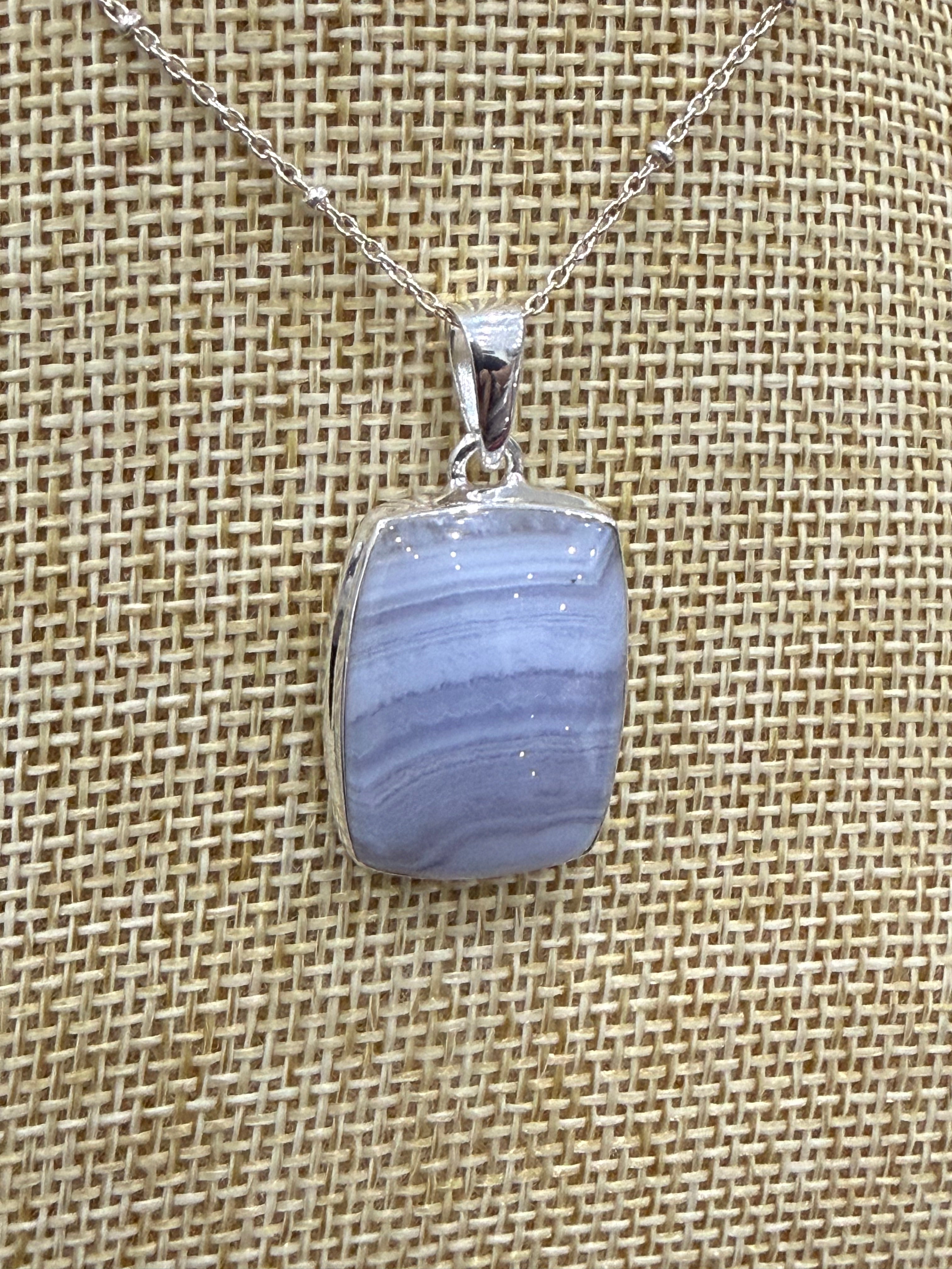 Blue Lace Agate Sterling Silver (92.5) Pendant Rectangle – 24x17mm Crystal Wellness