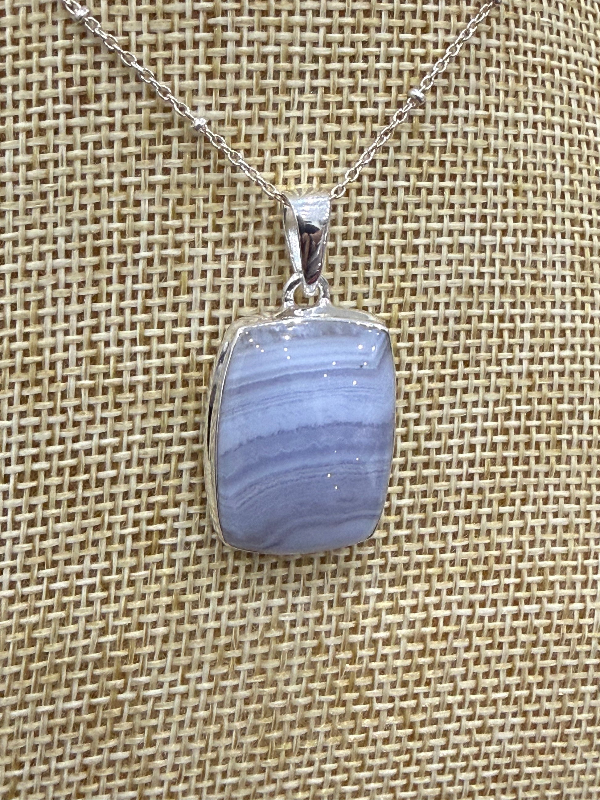 Blue Lace Agate Sterling Silver (92.5) Pendant Rectangle – 24x17mm Crystal Wellness