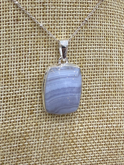 Blue Lace Agate Sterling Silver (92.5) Pendant Rectangle – 24x17mm Crystal Wellness