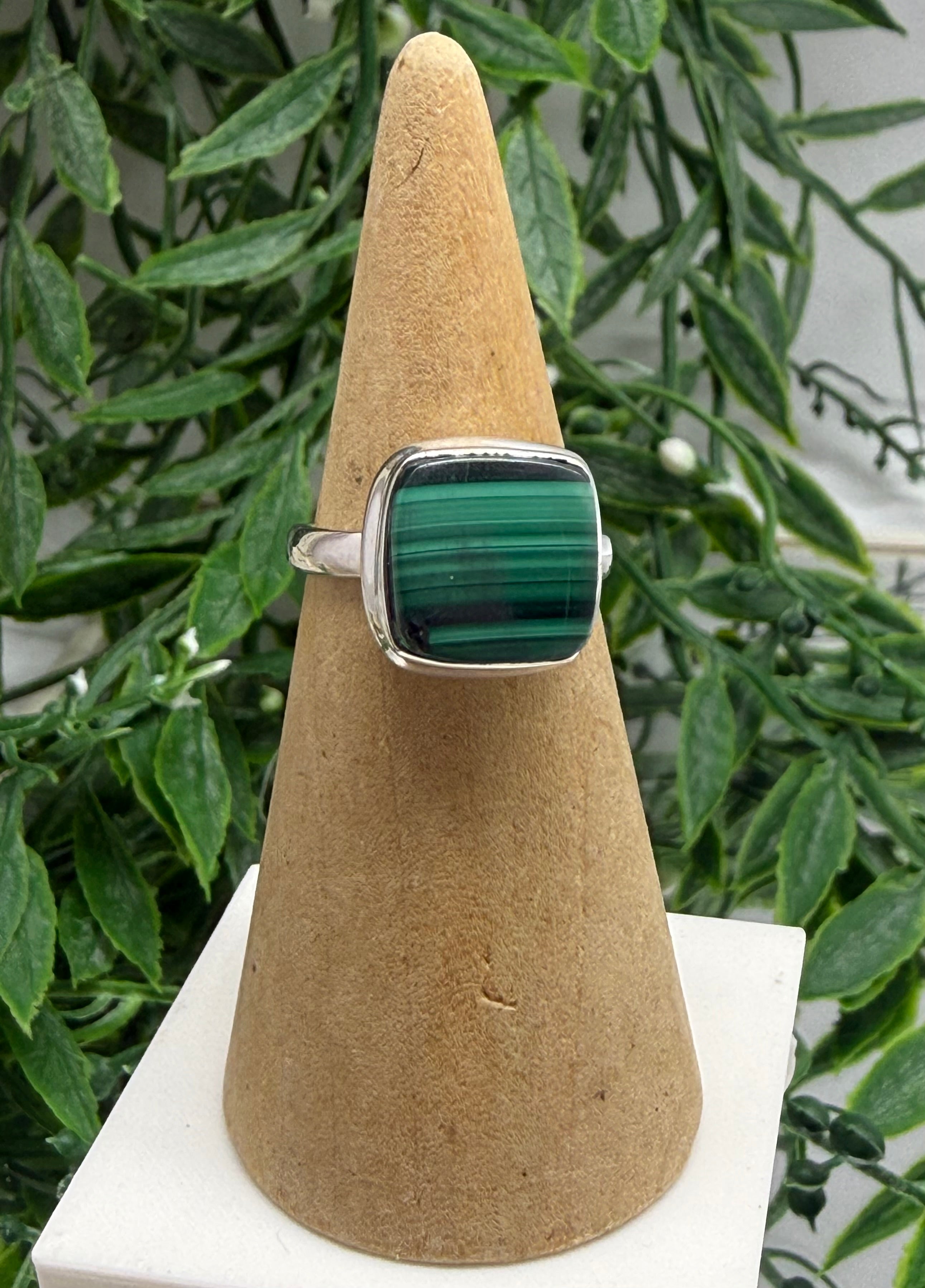 Malachite Leaf Wrap Ring – Sterling Silver, Size 9 | Mirror of the Soul & Heart Healing Energy Crystal Wellness