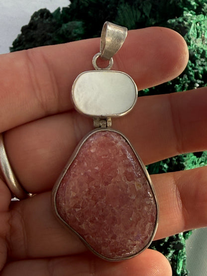 Rhodochrosite & Mother of Pearl Silver Pendant 44mmx25mm Crystal Wellness