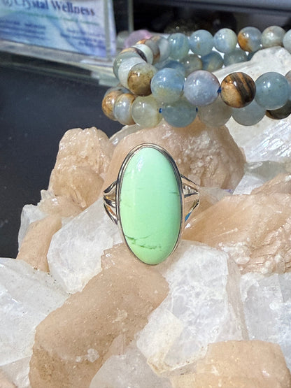 Lemon Chrysoprase Ring
A gentle ray of renewal, hope, and heart-healing energy. Size 7 Crystal Wellness