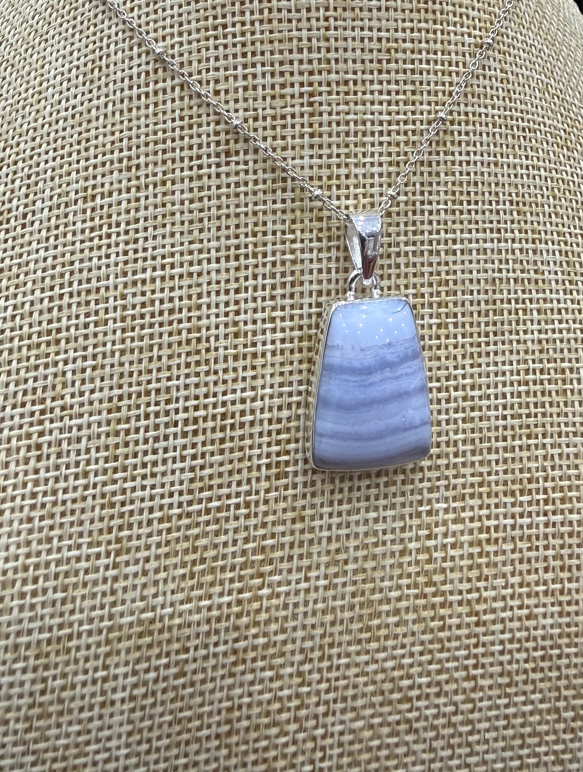 Blue Lace Agate Sterling Silver (92.5) Pendant Tabular Shape – 22x16mm Crystal Wellness