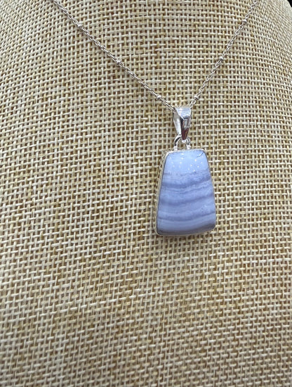 Blue Lace Agate Sterling Silver (92.5) Pendant Tabular Shape – 22x16mm Crystal Wellness