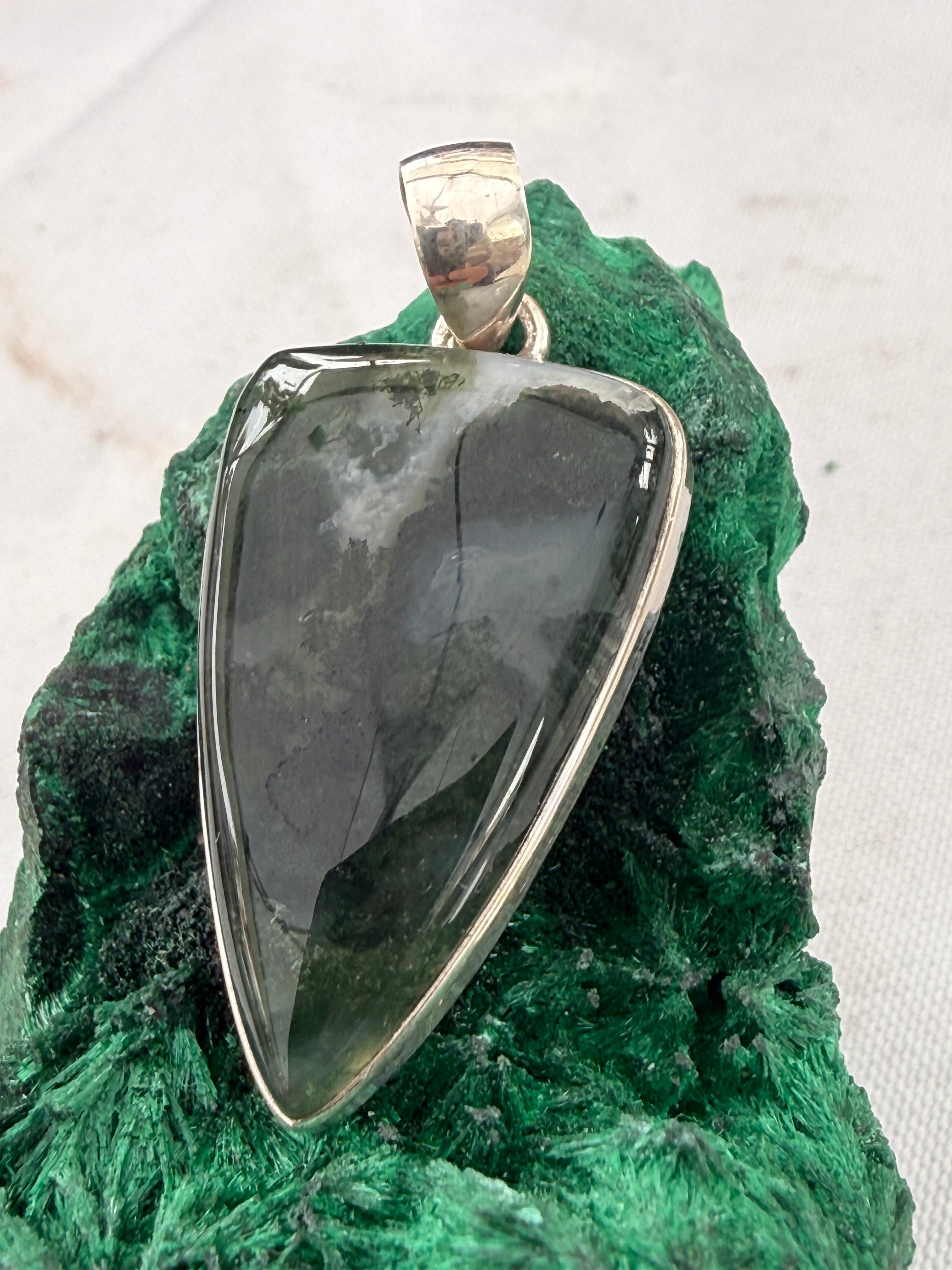Verdant Heart Moss Agate Silver Pendant 31mmx20mm Crystal Wellness