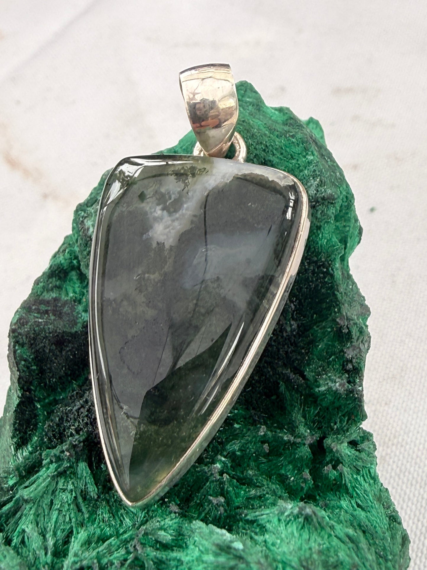 Verdant Heart Moss Agate Silver Pendant 31mmx20mm Crystal Wellness