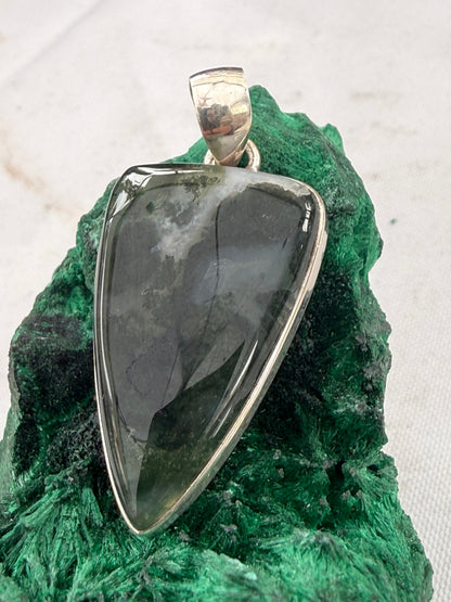 Verdant Heart Moss Agate Silver Pendant 31mmx20mm Crystal Wellness