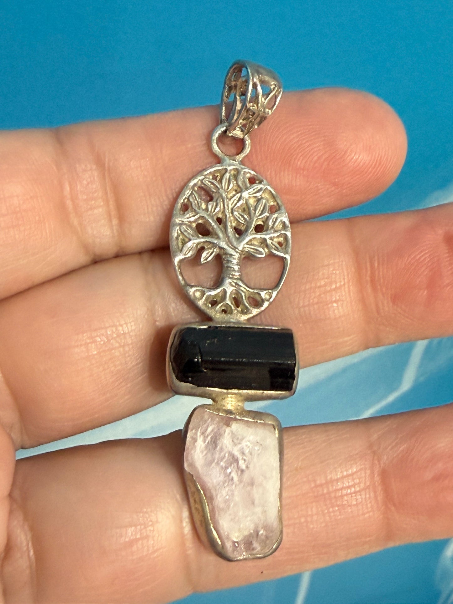 Morganite & Black Tourmaline Tree of Life Pendant, 48mmx15mm Crystal Wellness