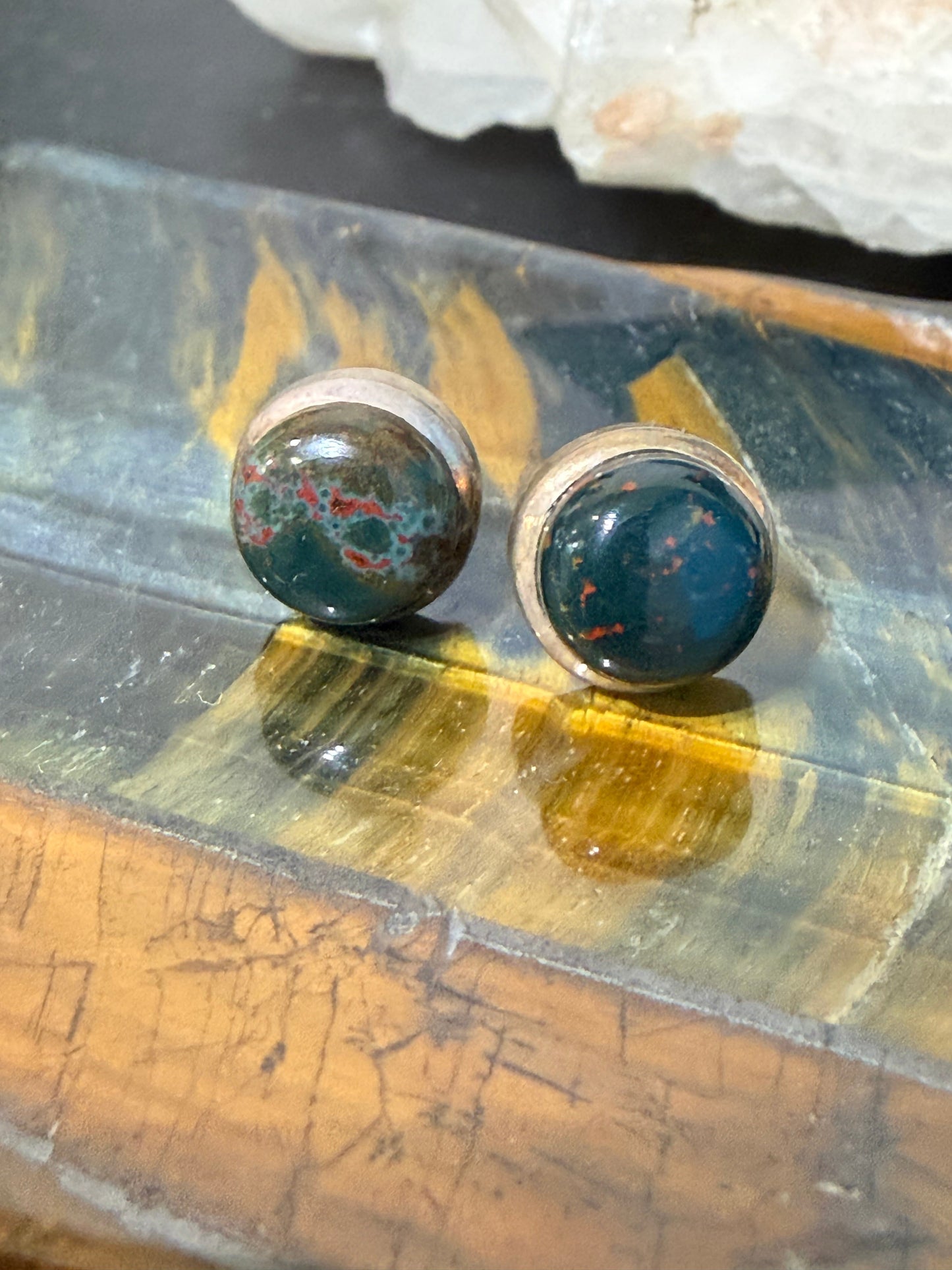 Bloodstone Stud Earrings – Courage, Vitality & Grounded Strength, 10mmx10mm Crystal Wellness