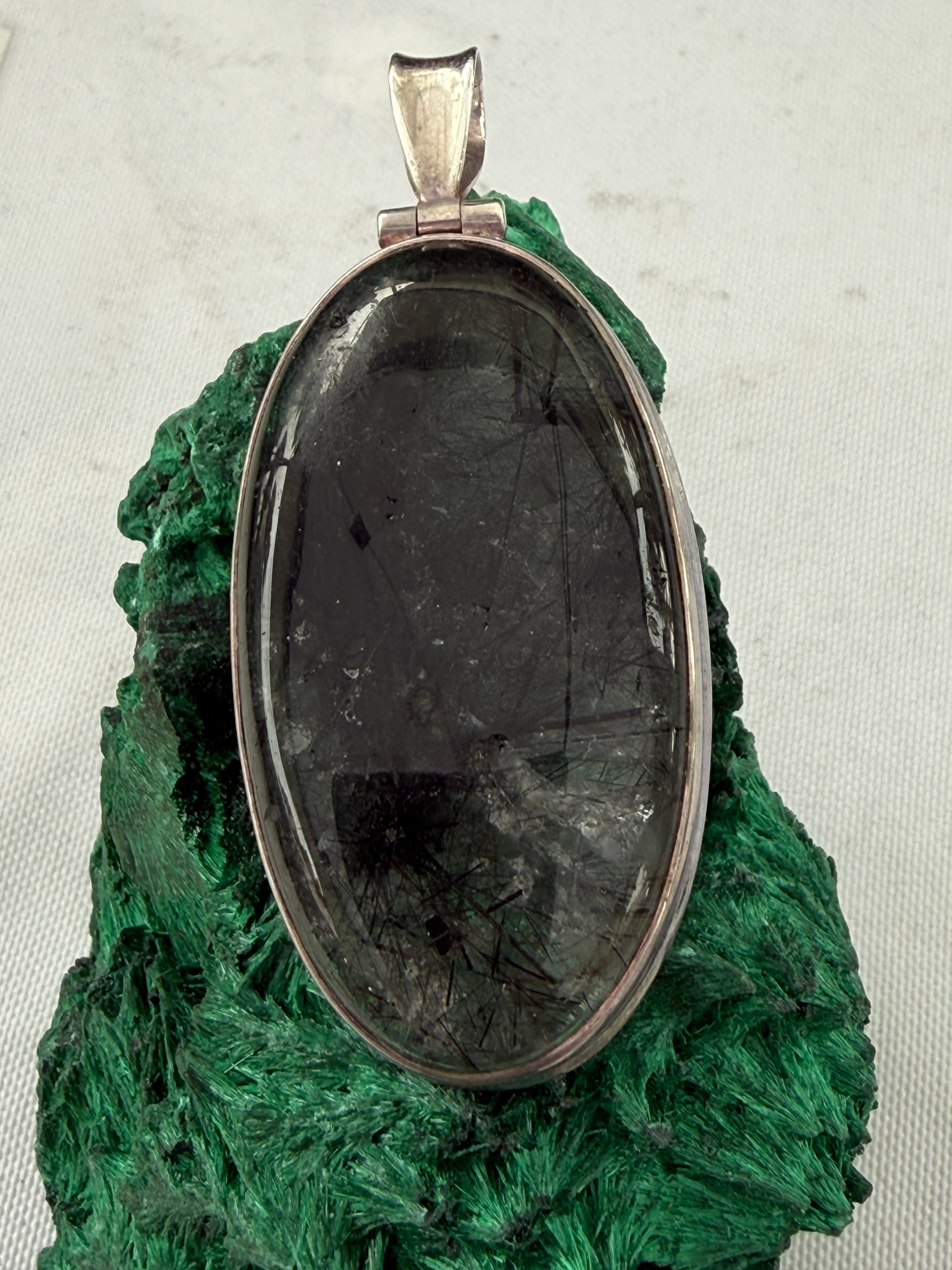 Black Rutilated Quartz Silver Pendant 50mmx25mm Crystal Wellness