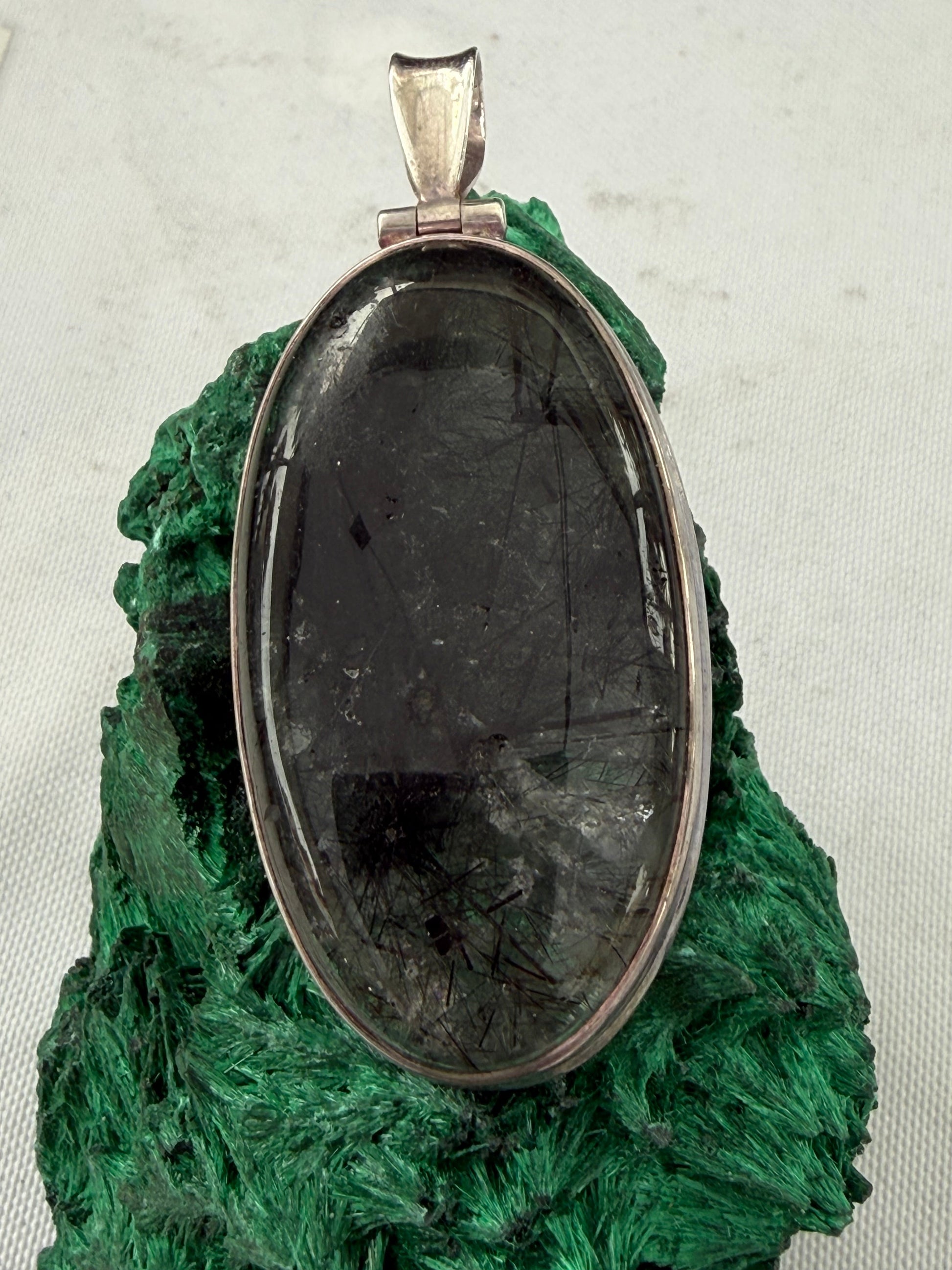 Black Rutilated Quartz Silver Pendant 50mmx25mm Crystal Wellness