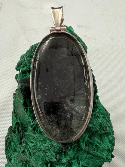 Black Rutilated Quartz Silver Pendant 50mmx25mm Crystal Wellness