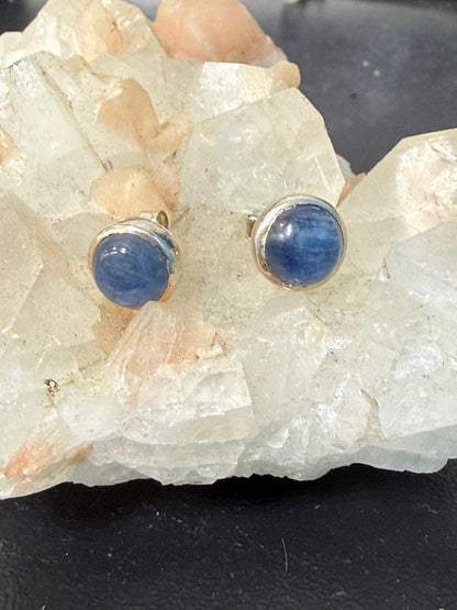 Blue Kyanite 10mm Plain Round 925 Sterling Silver Stud Crystal Wellness