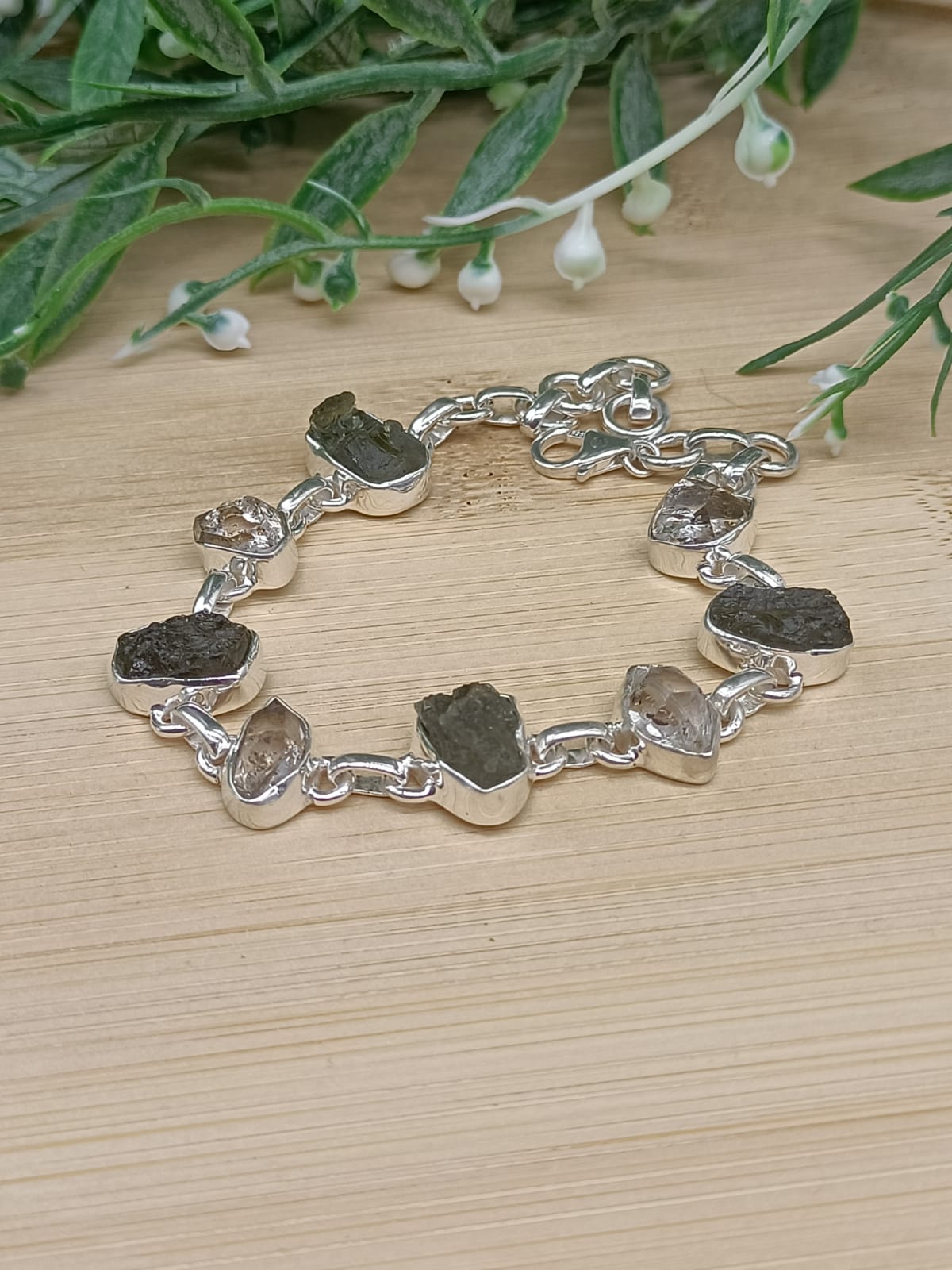 Authentic Moldavite and Herkimer Diamond 925 Sterling Silver Bracelet Crystal Wellness