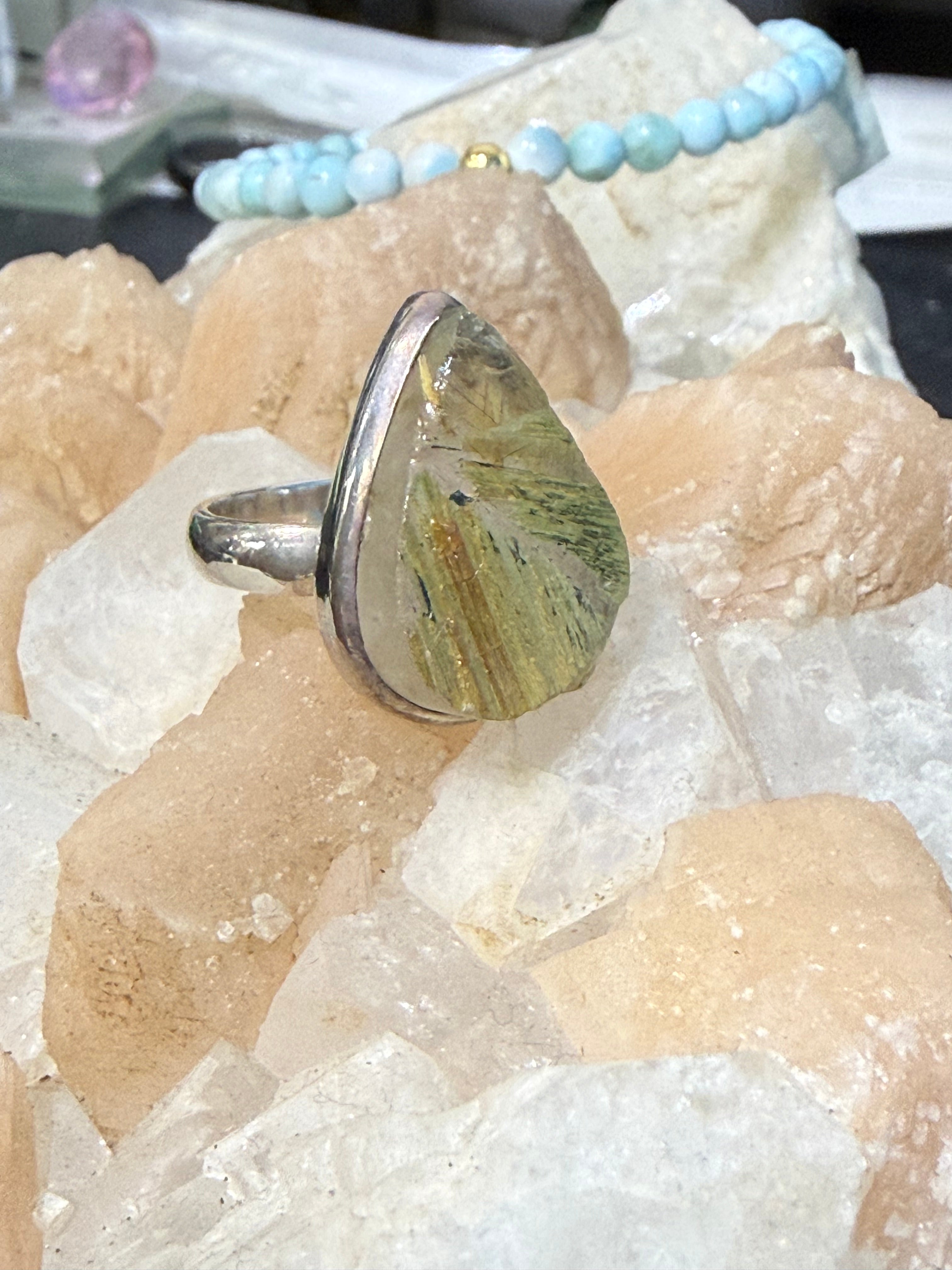 Raw Golden Rutilated Quartz Ring, size 8 – Manifestation, Clarity & Divine Strength Crystal Wellness