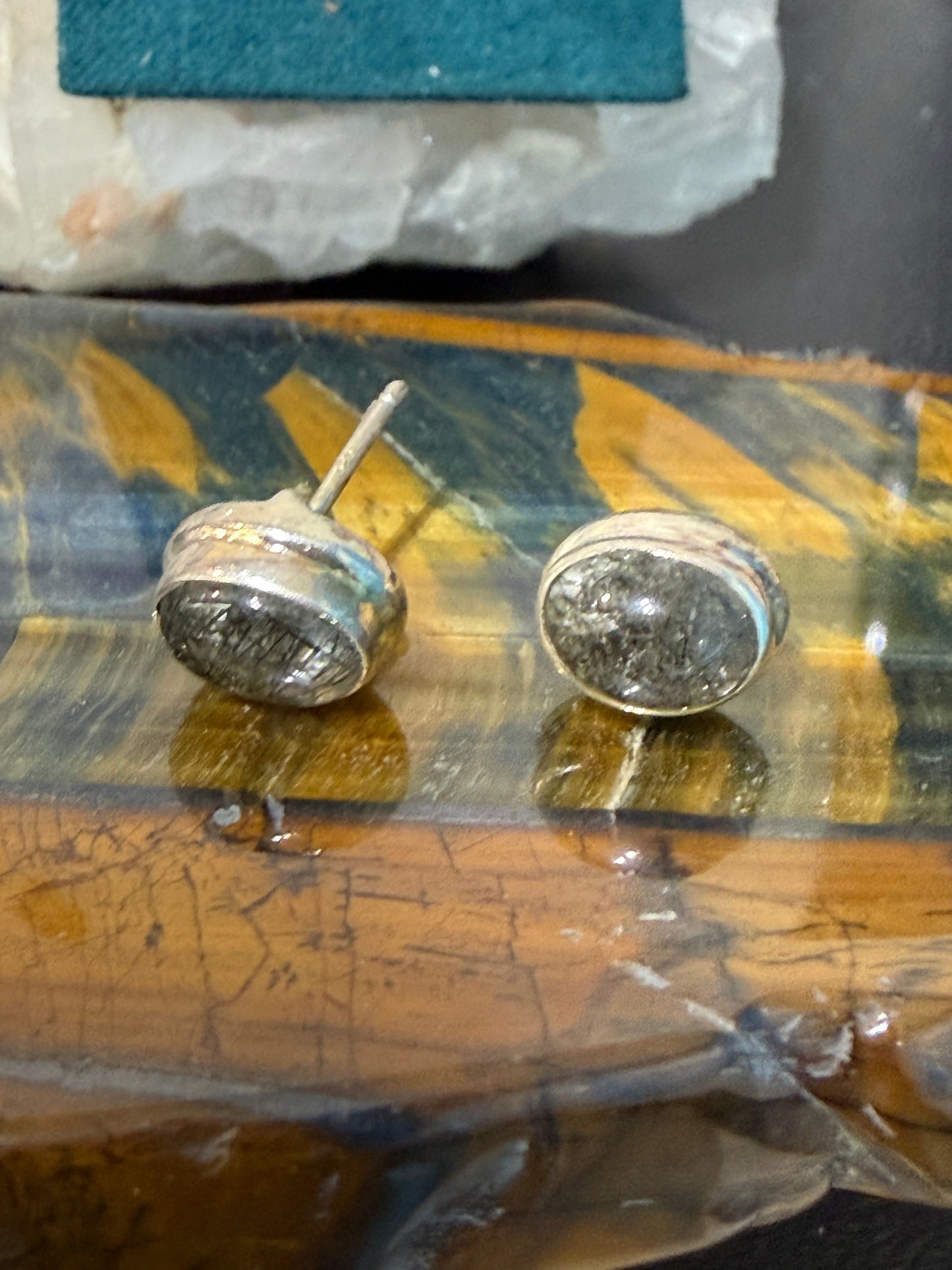 Black Rutilated Quartz Stud Earrings – Strength, Clarity & Energetic Protection, 9mmx6mm Crystal Wellness